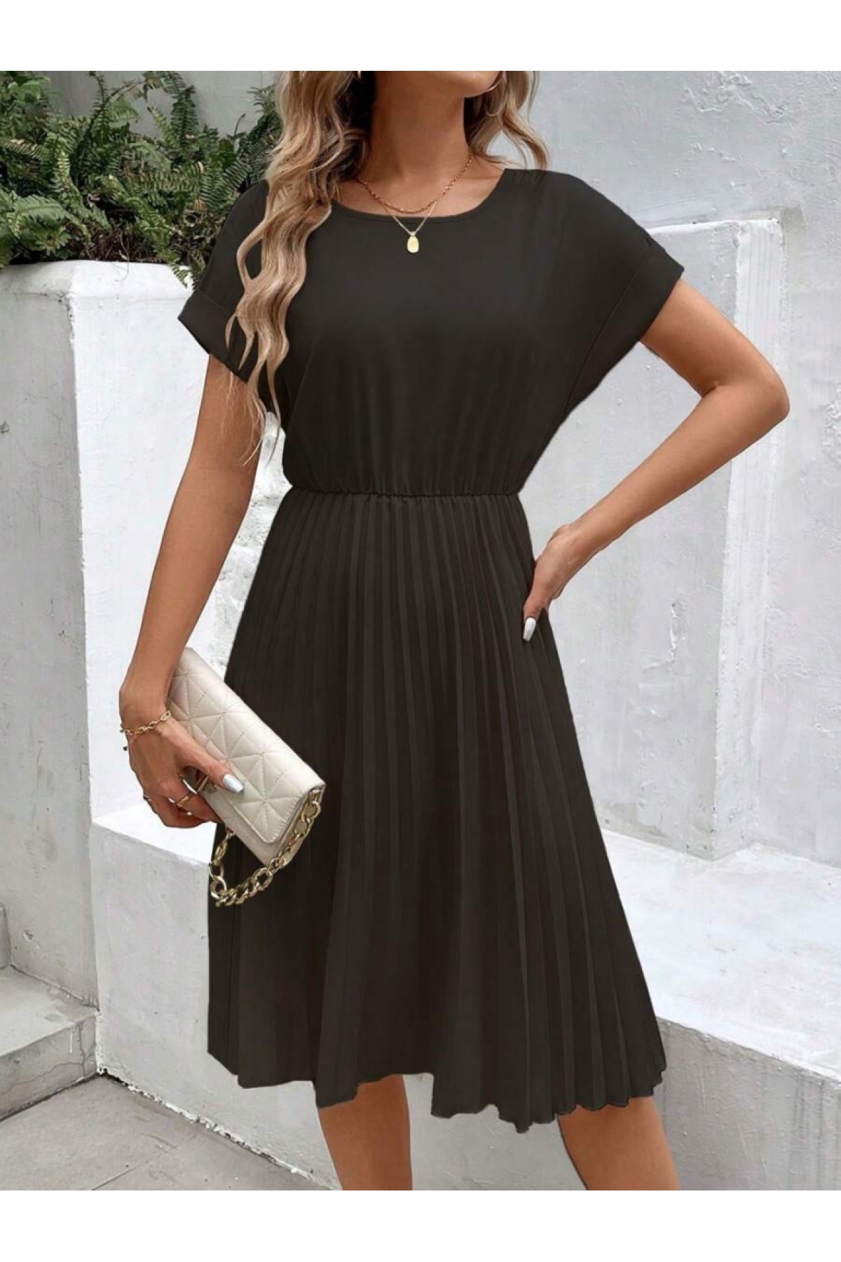 Women's Short Sleeve Open Collar Elastic Waist Pleated Short Imported Crepe Dress