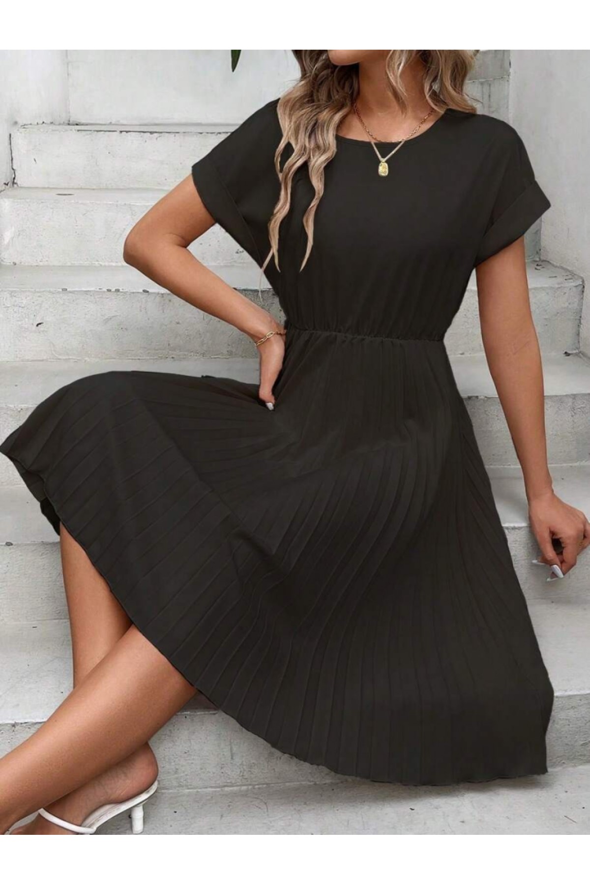 Women's Short Sleeve Open Collar Elastic Waist Pleated Short Imported Crepe Dress detay görseli