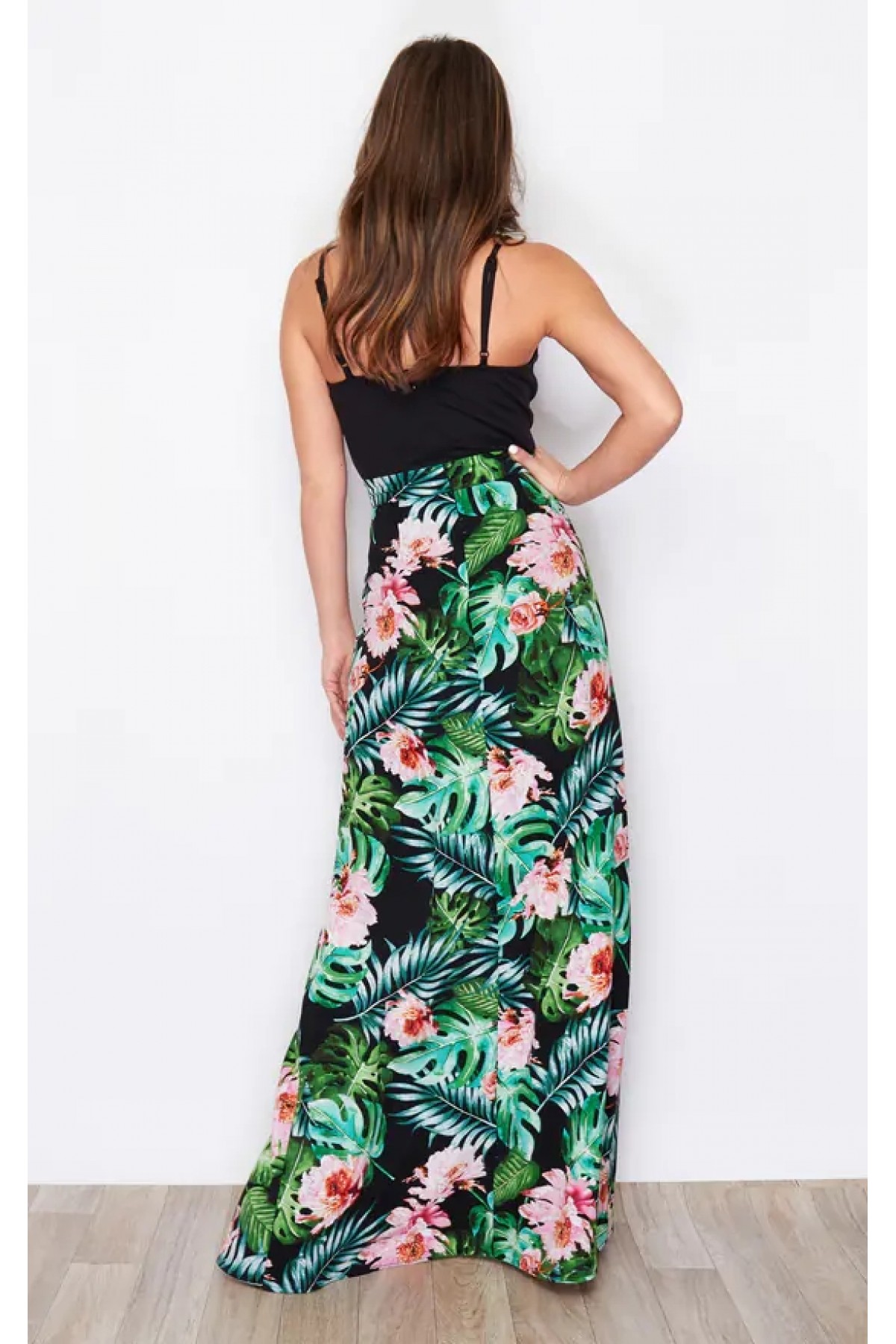 Women's Strappy V-Neck Skirt Digital Printed Floral Patterned Slit Micro Fabric Dress