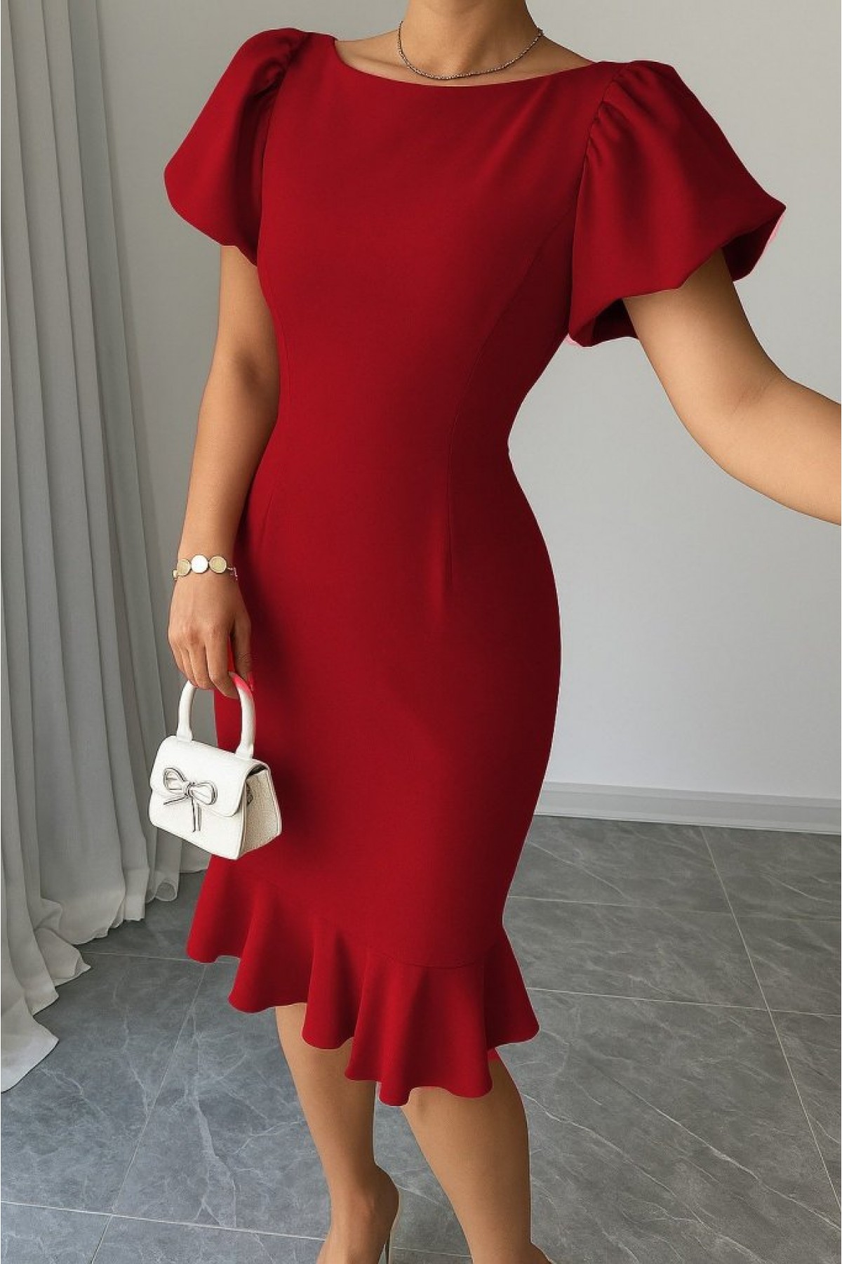 Women's Short Sleeve Round Neck Pleated Janjan Crepe Dress