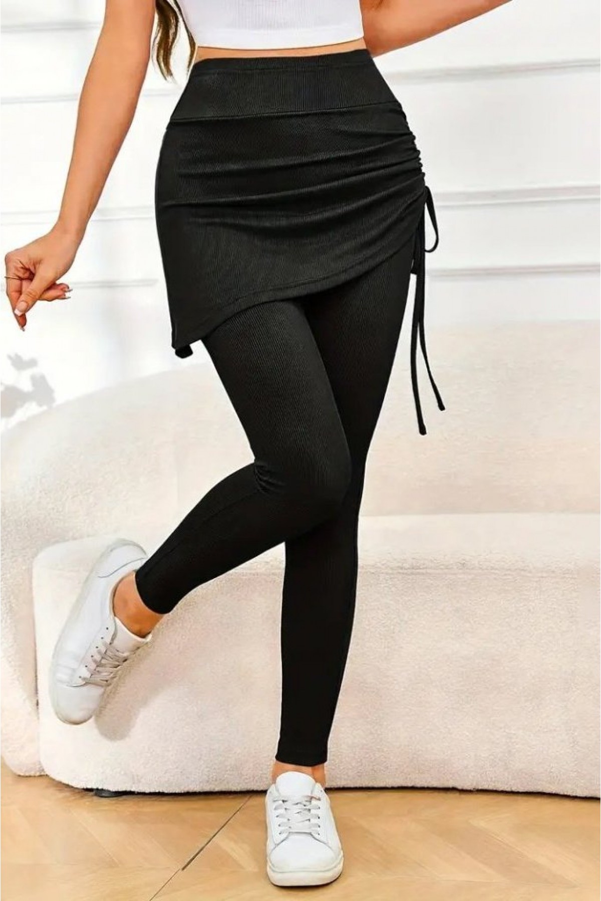 Women's High Waist Side Gathered Long Camisole Leggings Skirt