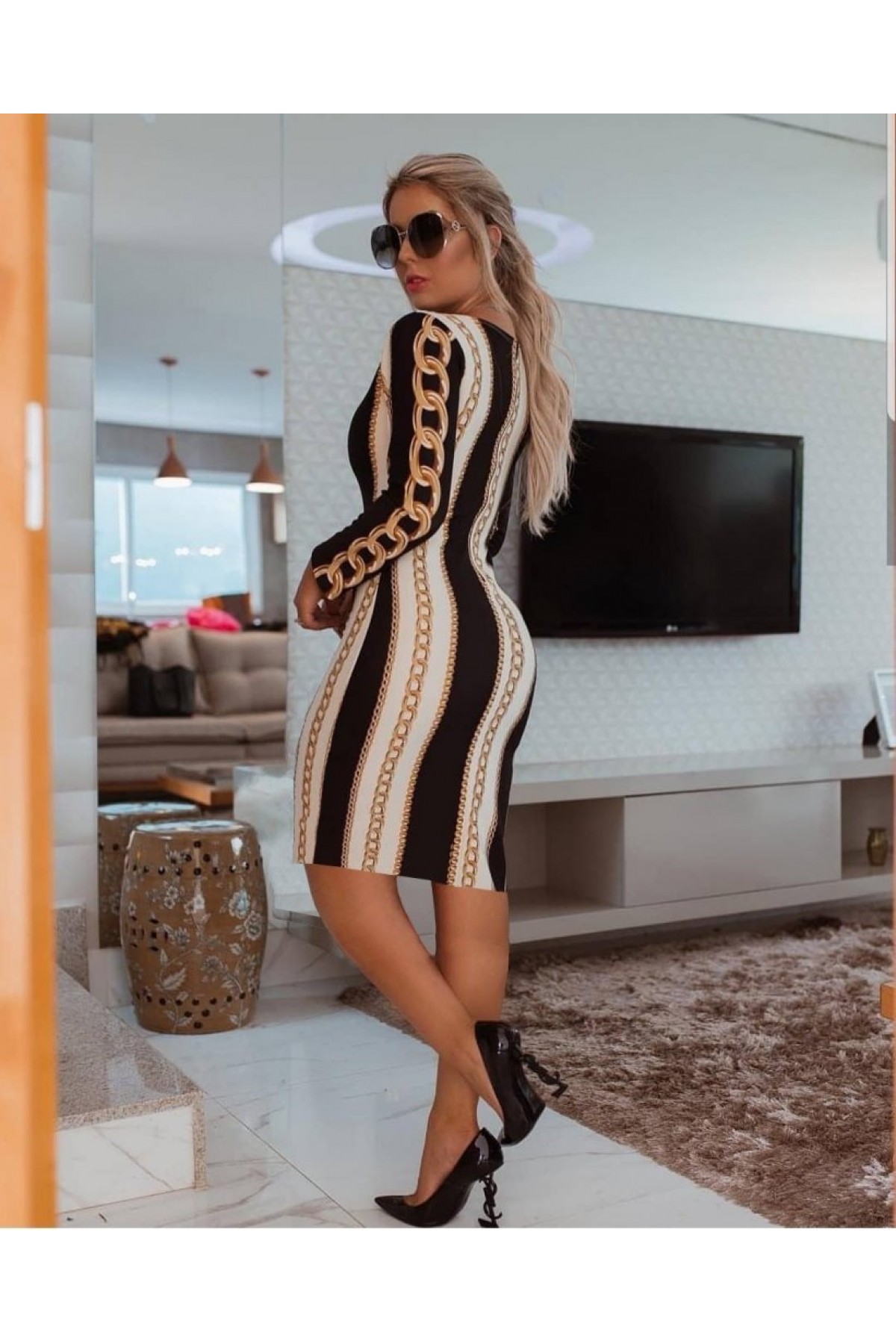 Women's Long Sleeve Crew Neck Scuba Midi Length Dress