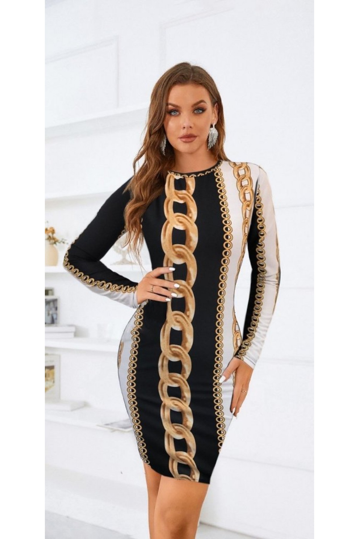 Women's Long Sleeve Crew Neck Scuba Midi Length Dress