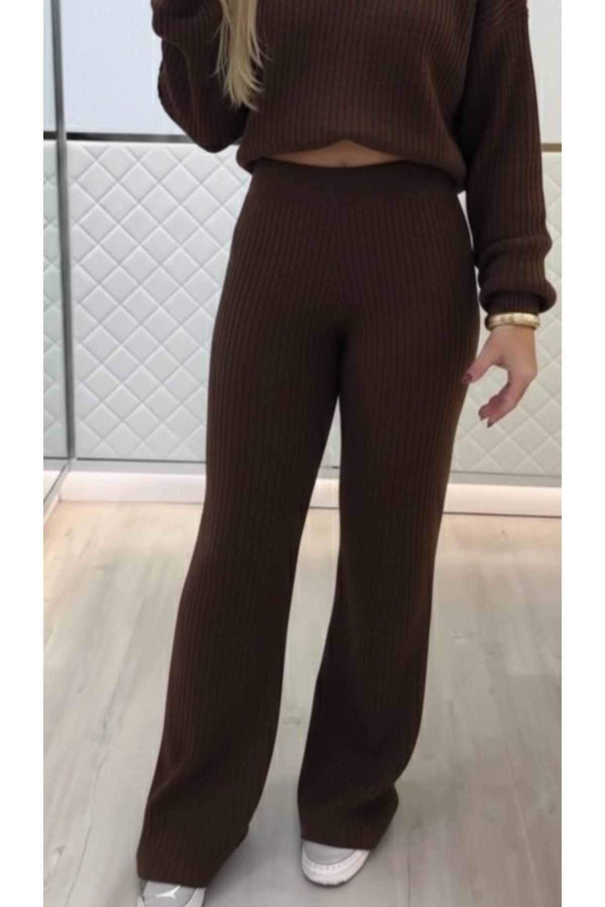 Women's Long Sleeve Turtleneck Short Knitwear Blouse and Trousers Two Piece Set