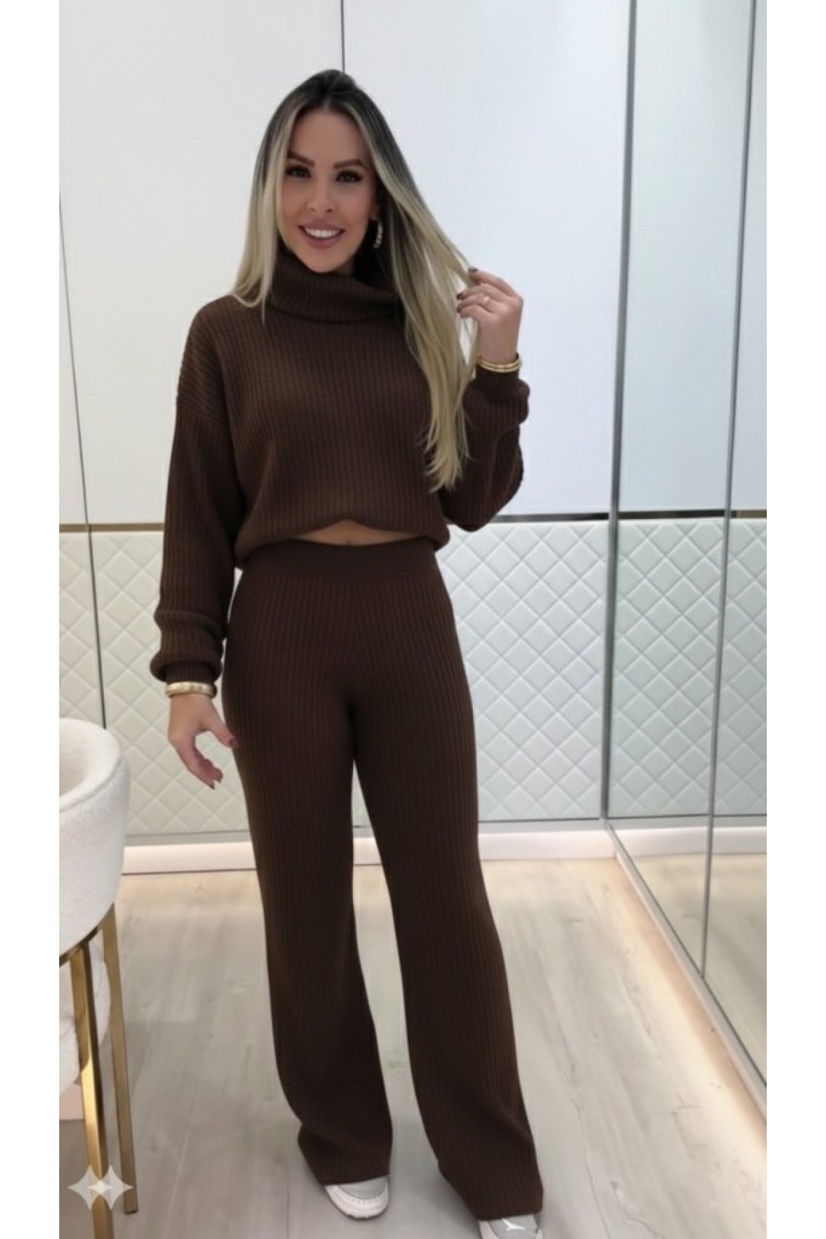 Women's Long Sleeve Turtleneck Short Knitwear Blouse and Trousers Two Piece Set