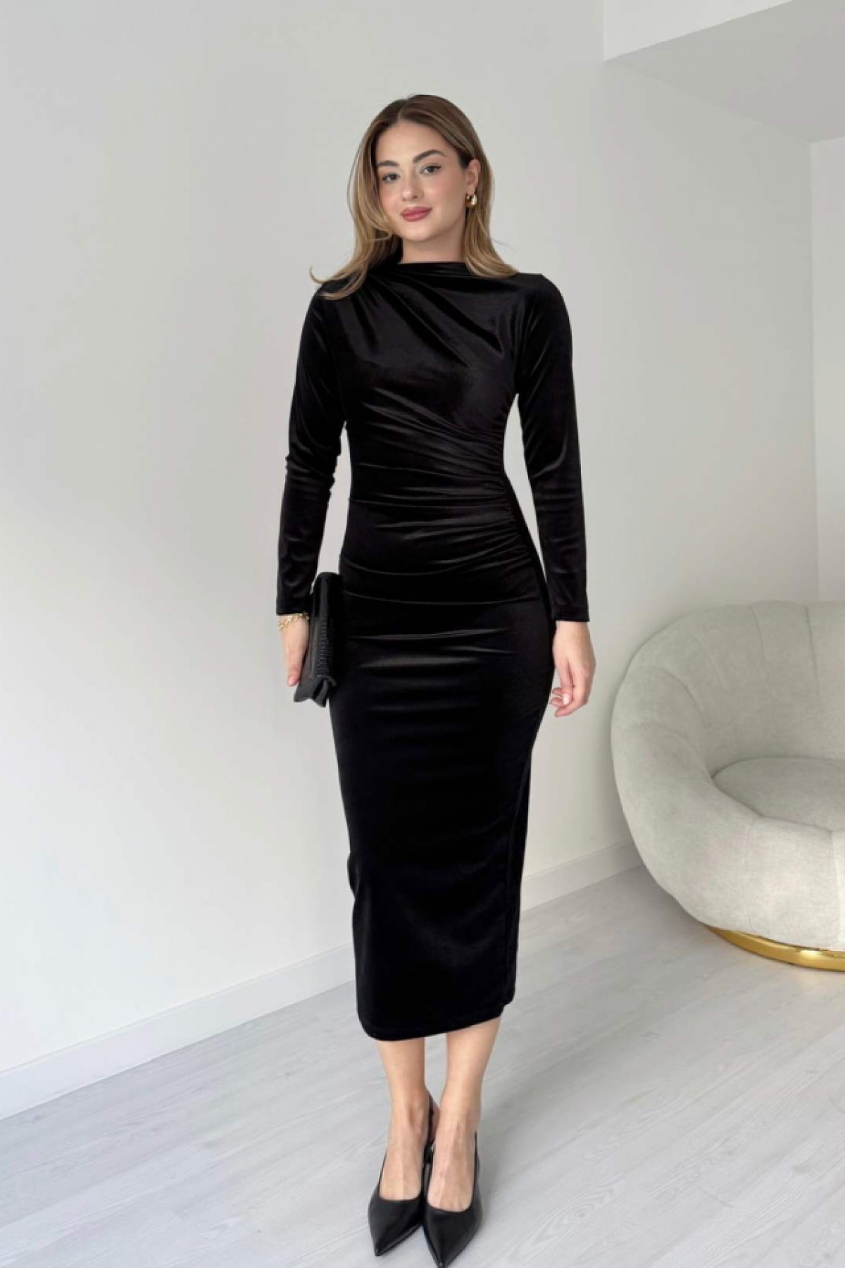 Black Long Sleeve Gathered Detail Velvet Fabric Midi Length Dress