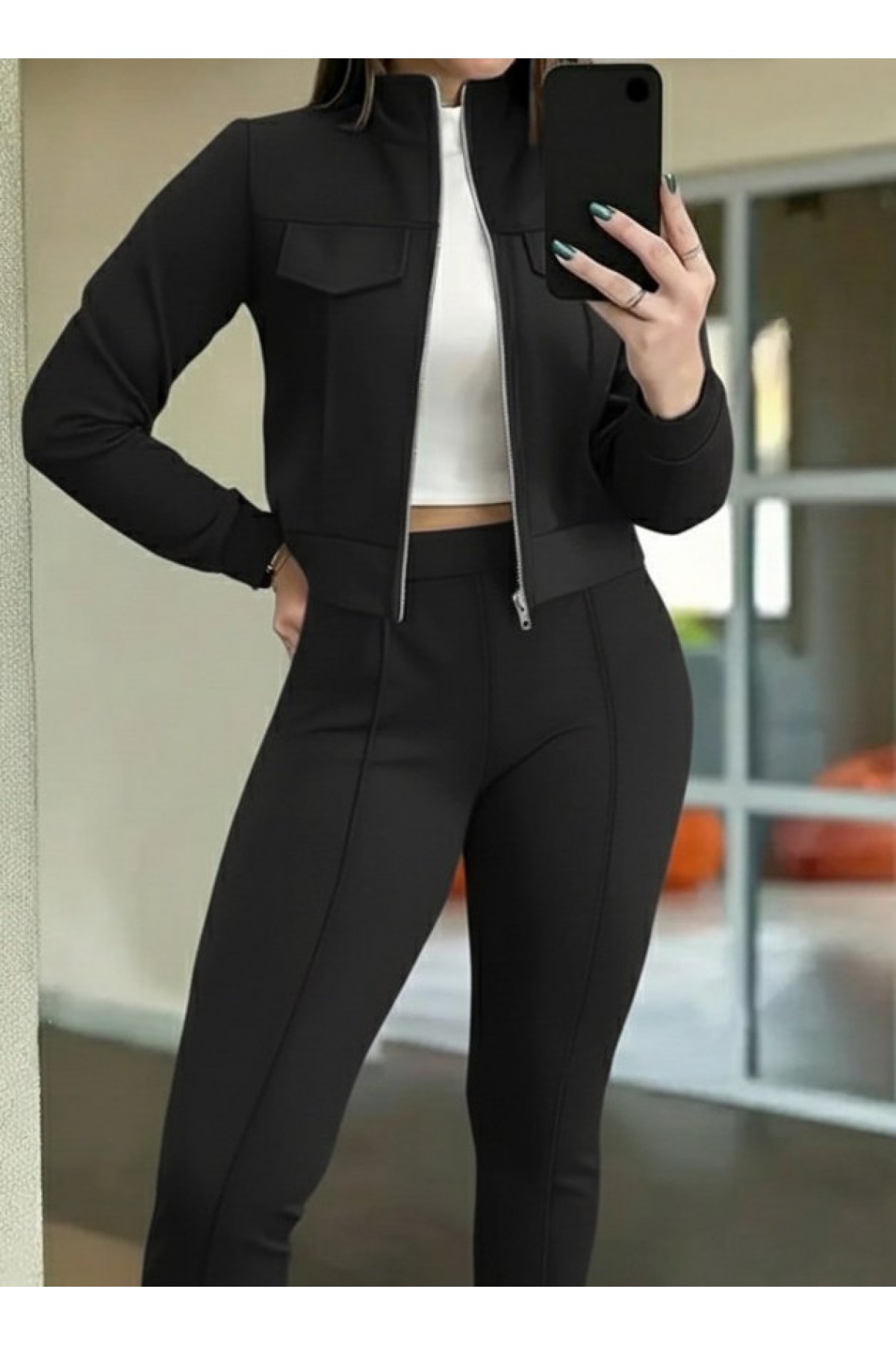 Women's Long Sleeve Front Zippered Short Modal Jacket and Trousers Two Piece Set