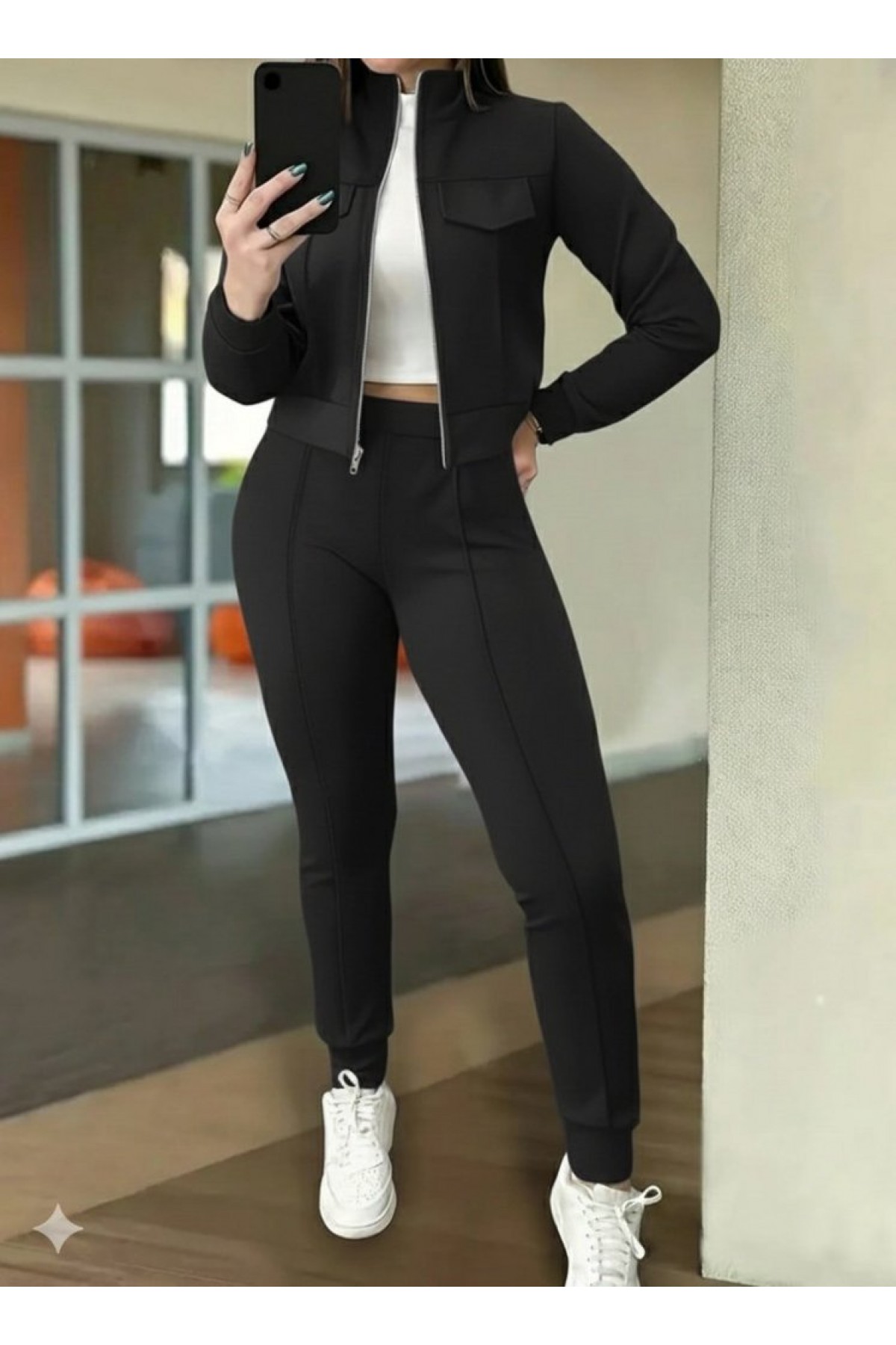 Women's Long Sleeve Front Zippered Short Modal Jacket and Trousers Two Piece Set