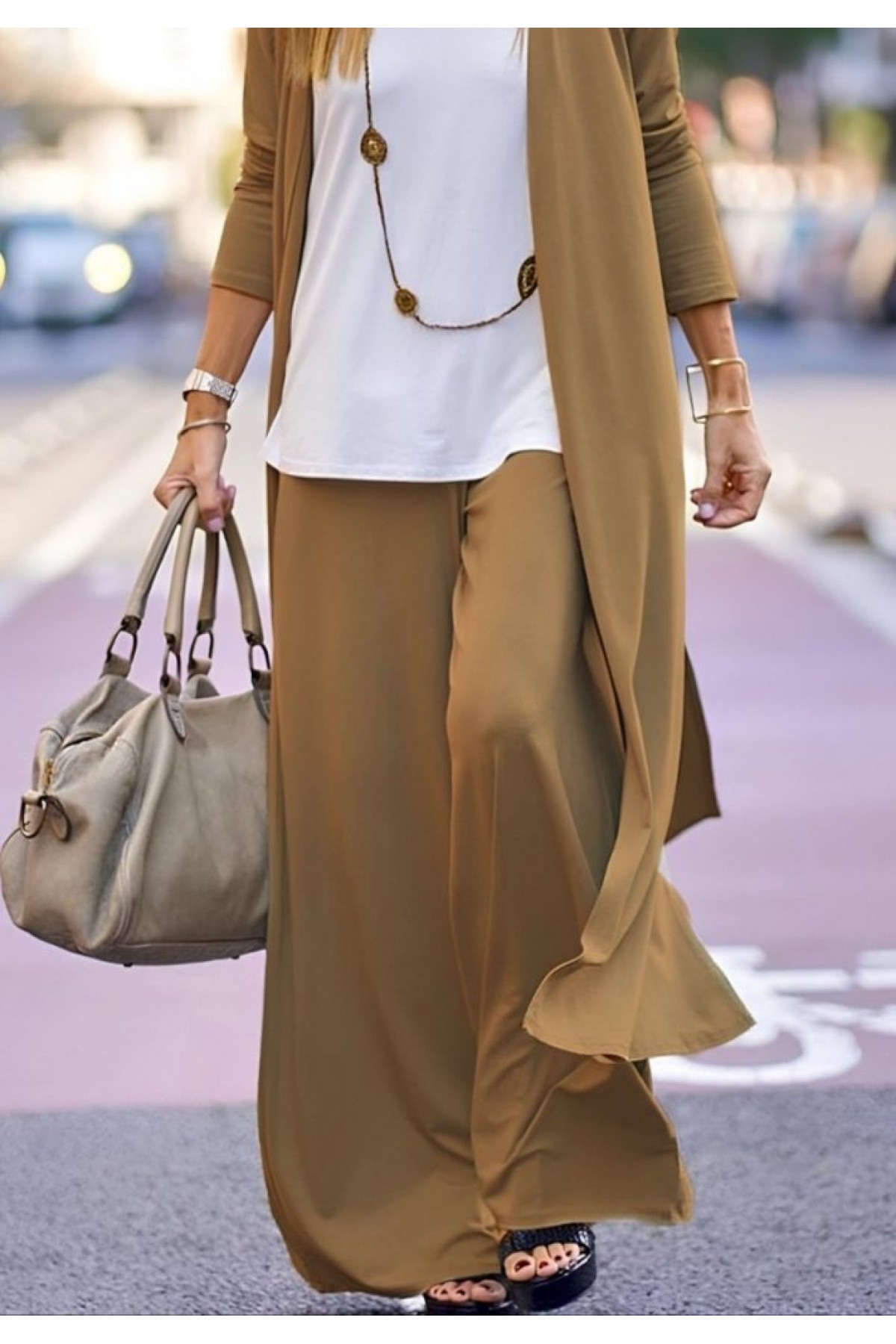 Women's Long-Sleeved Open-Front Viscose Jacket and Trousers Two-Piece Set