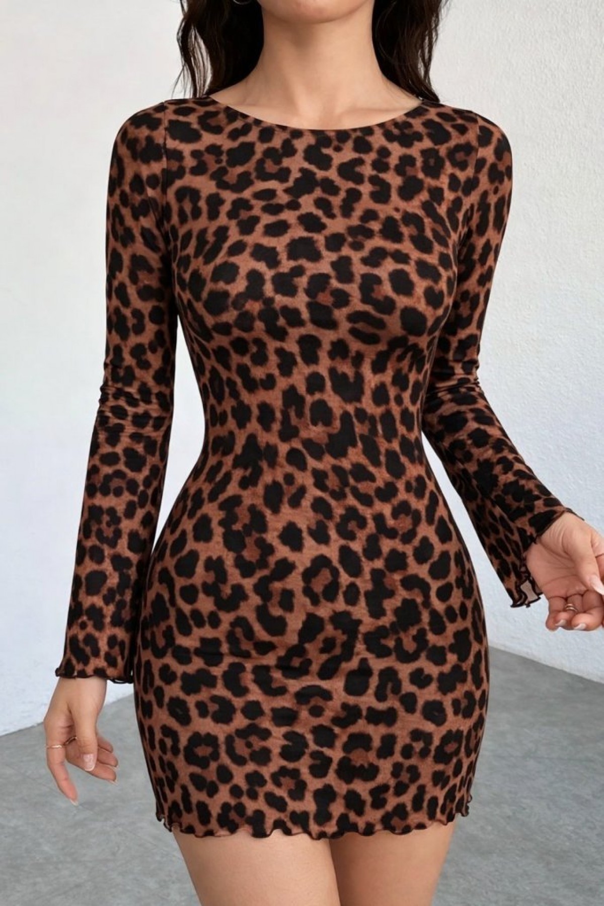 Women's Long Sleeve Crew Neck Leopard Print Scuba Mini Dress