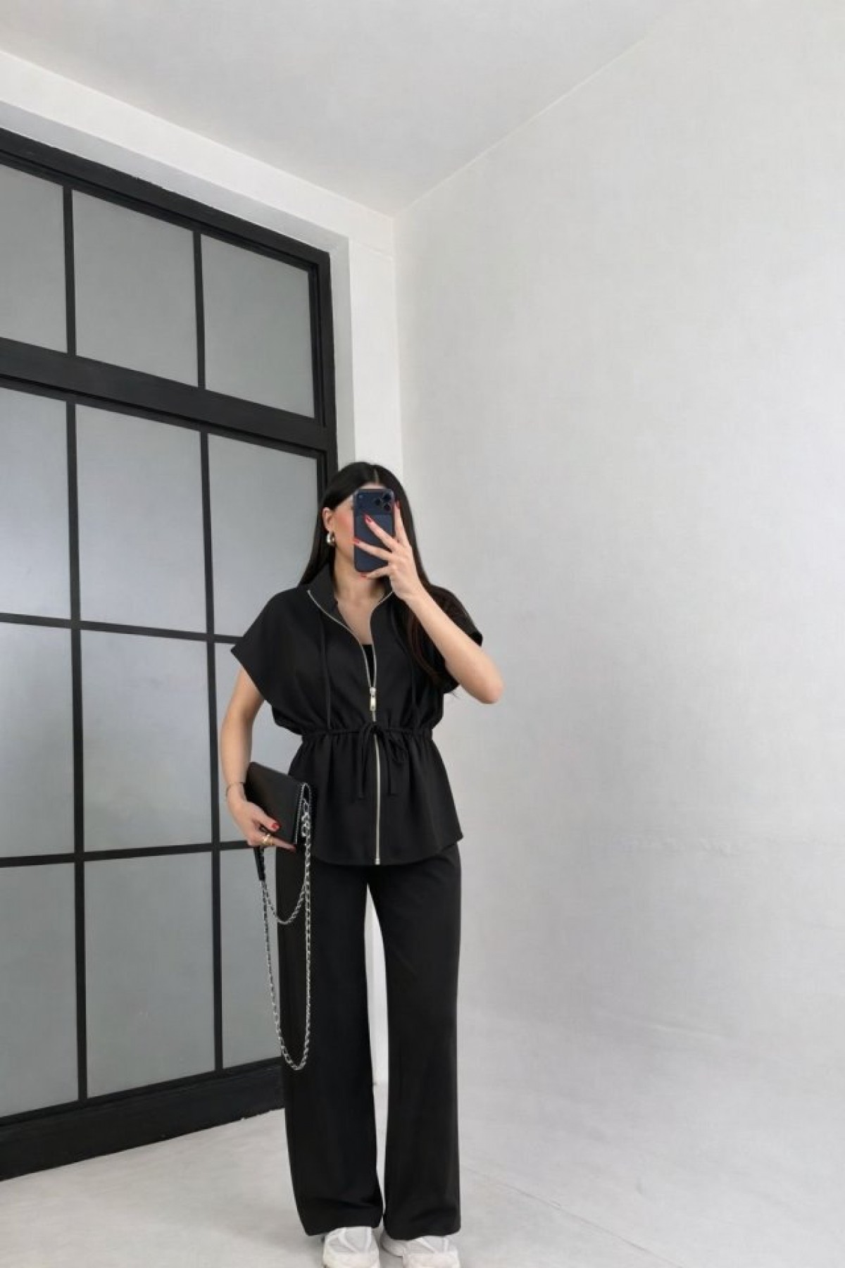 Women's Batwing Sleeve Zipper and Elastic Drawstring Detail Jacket and Pants Two-Piece Set