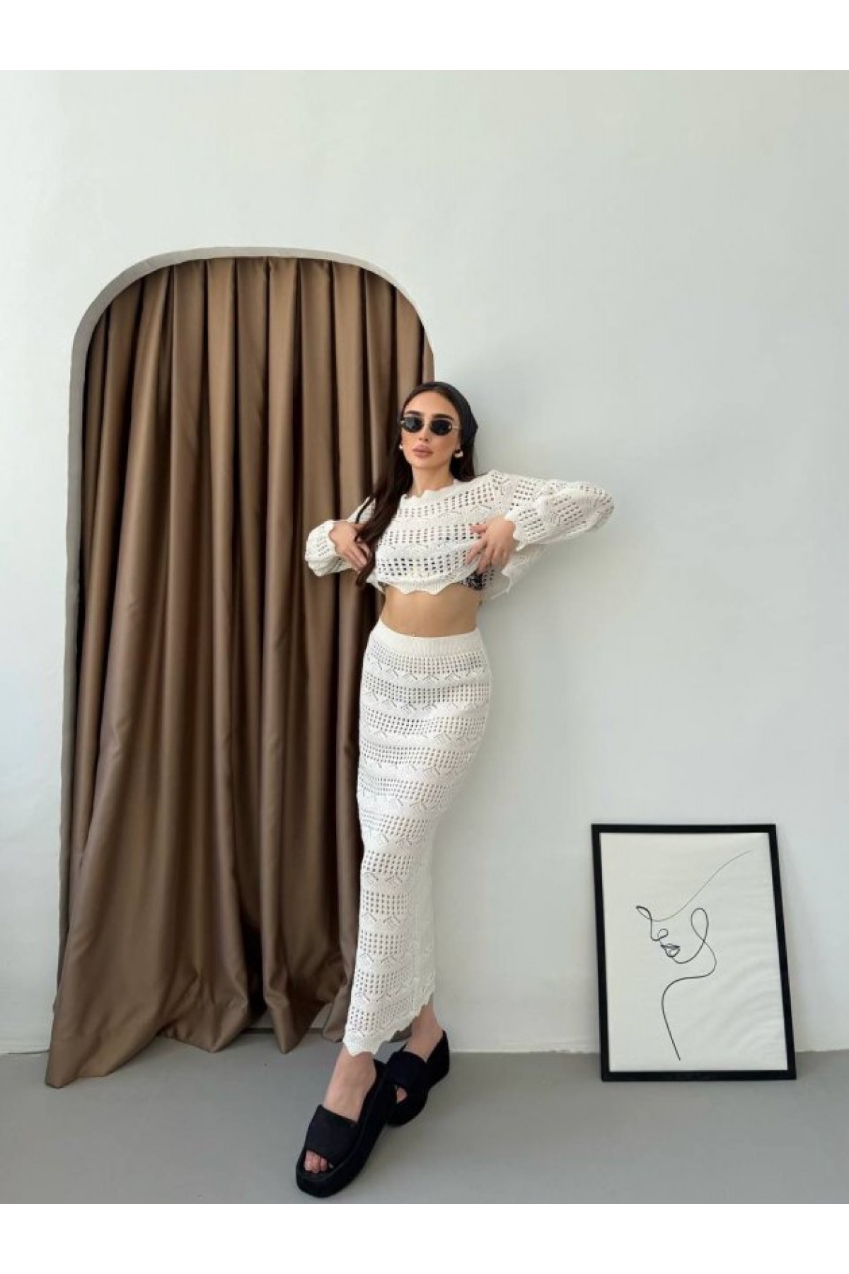 Women's Long-Sleeve Birdseye Detail Knitted Blouse and Maxi Skirt Two-Piece Set