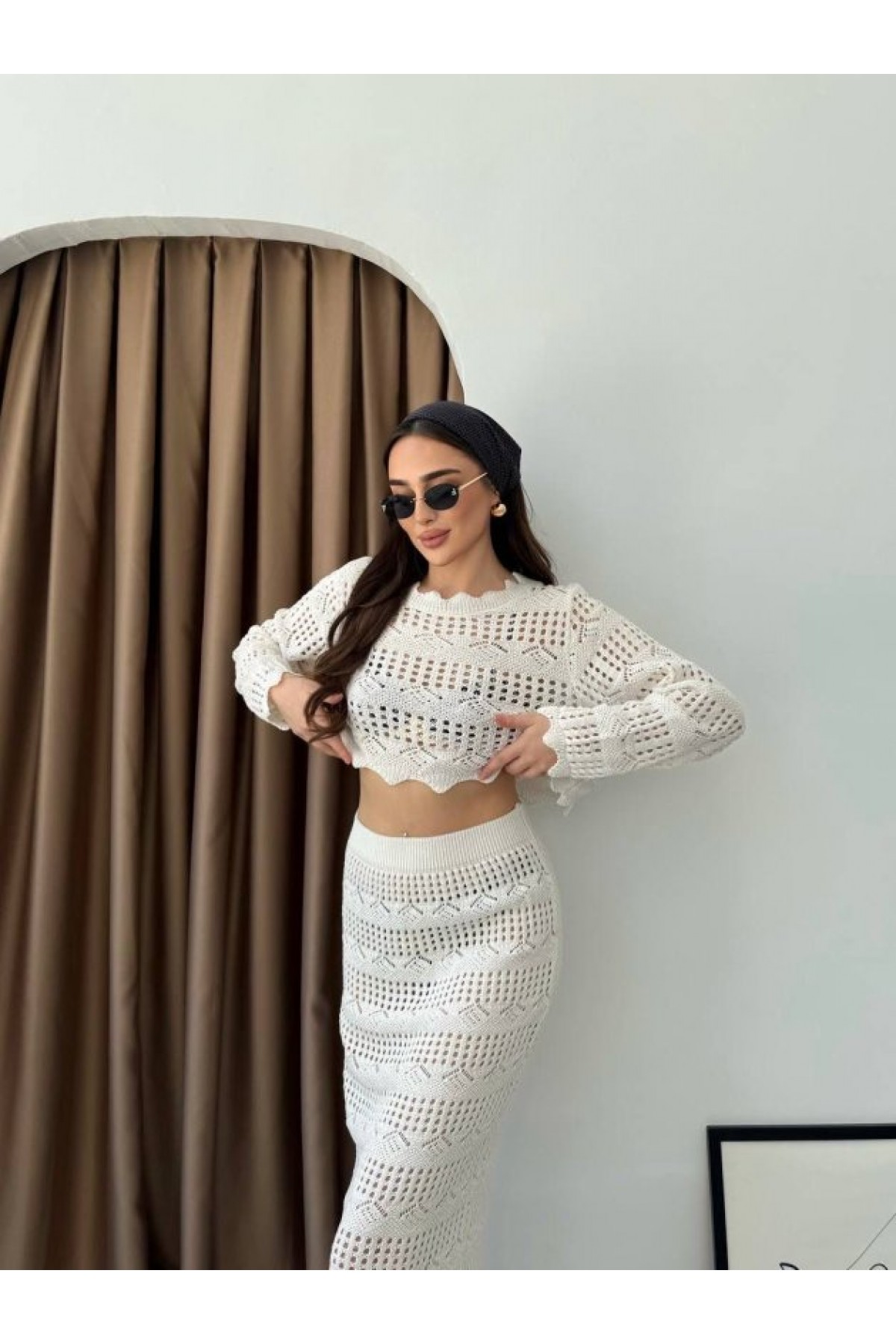 Women's Long-Sleeve Birdseye Detail Knitted Blouse and Maxi Skirt Two-Piece Set