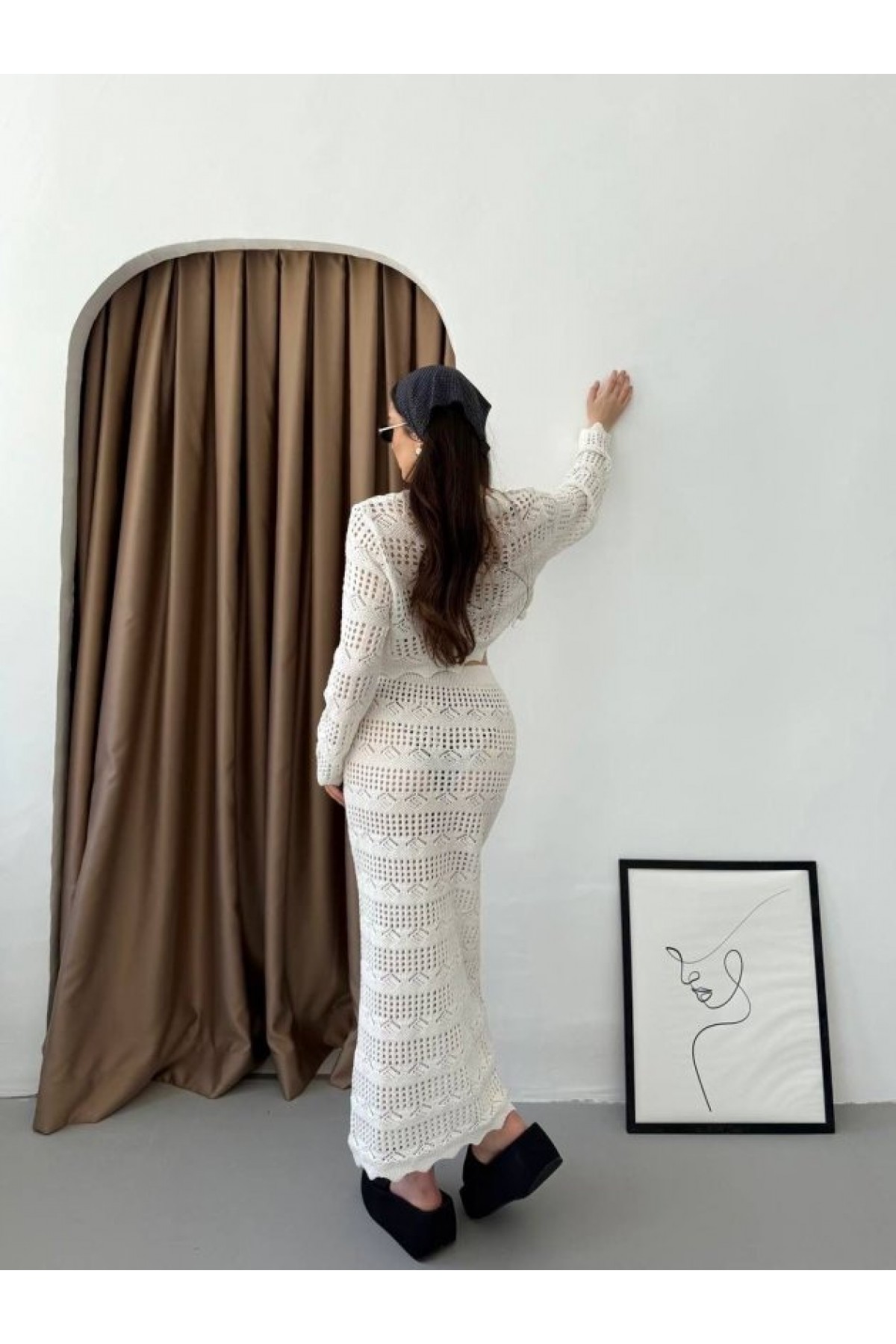 Women's Long-Sleeve Birdseye Detail Knitted Blouse and Maxi Skirt Two-Piece Set