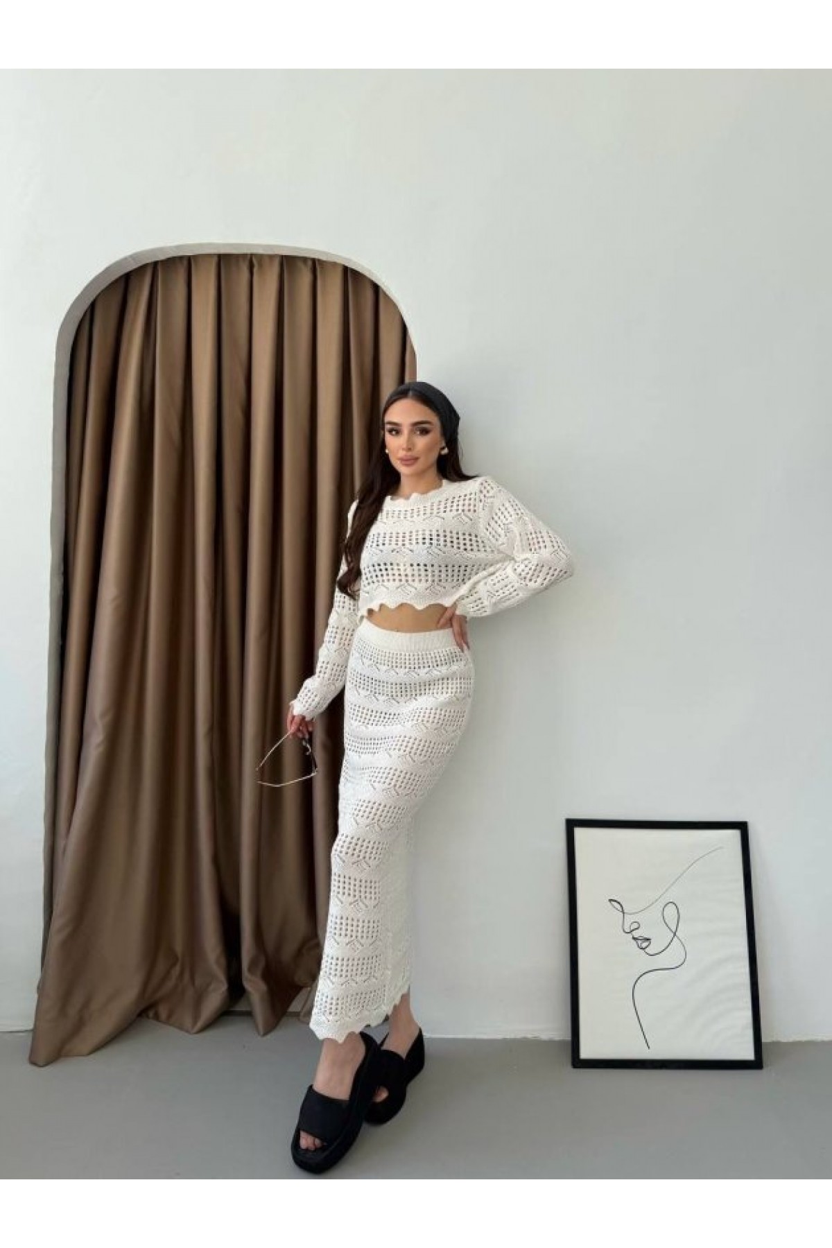 Women's Long-Sleeve Birdseye Detail Knitted Blouse and Maxi Skirt Two-Piece Set