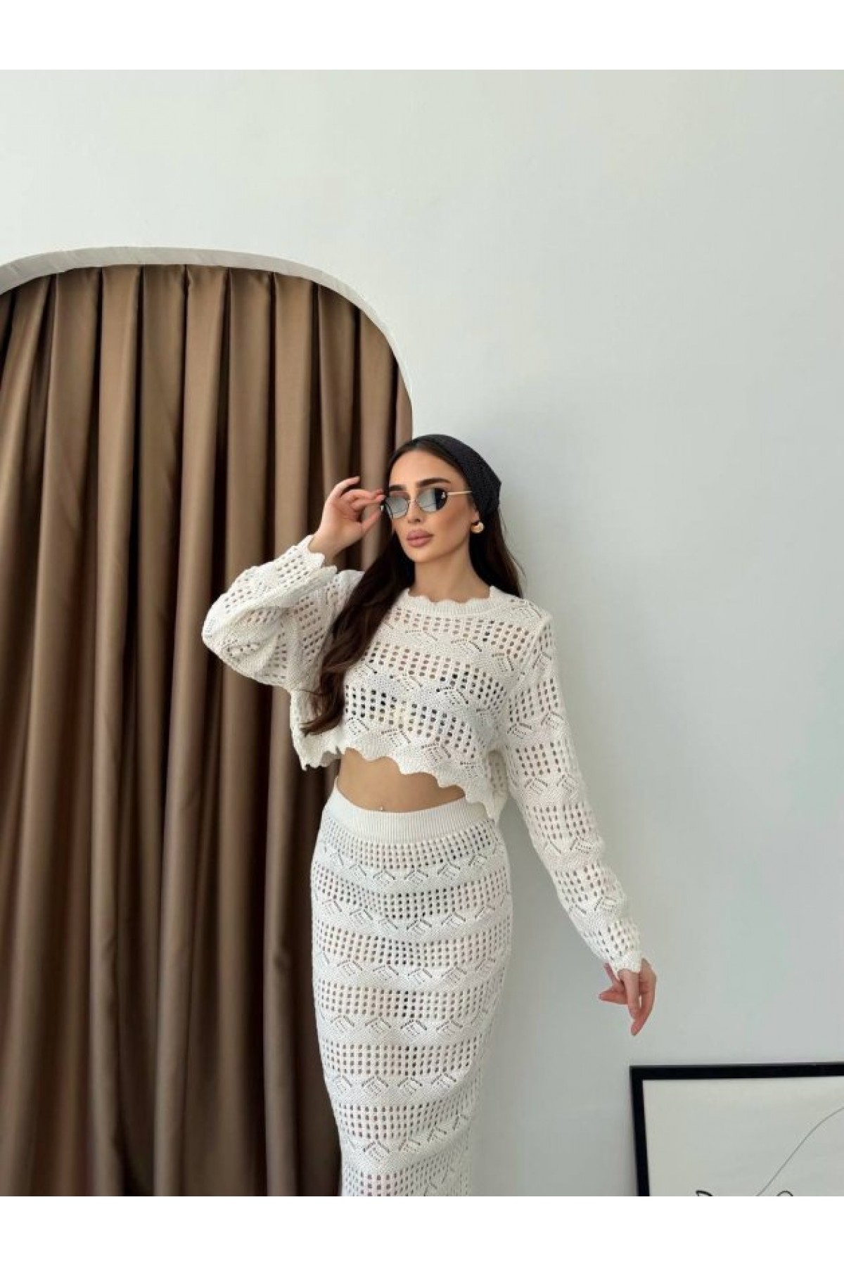 Women's Long-Sleeve Birdseye Detail Knitted Blouse and Maxi Skirt Two-Piece Set