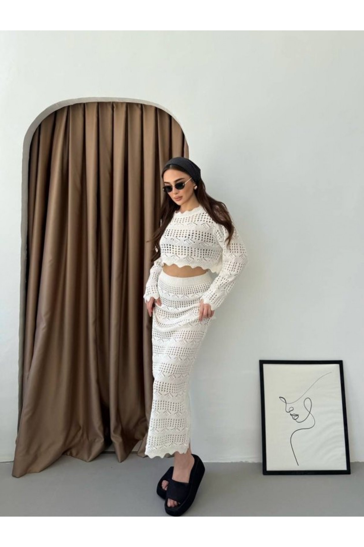 Women's Long-Sleeve Birdseye Detail Knitted Blouse and Maxi Skirt Two-Piece Set