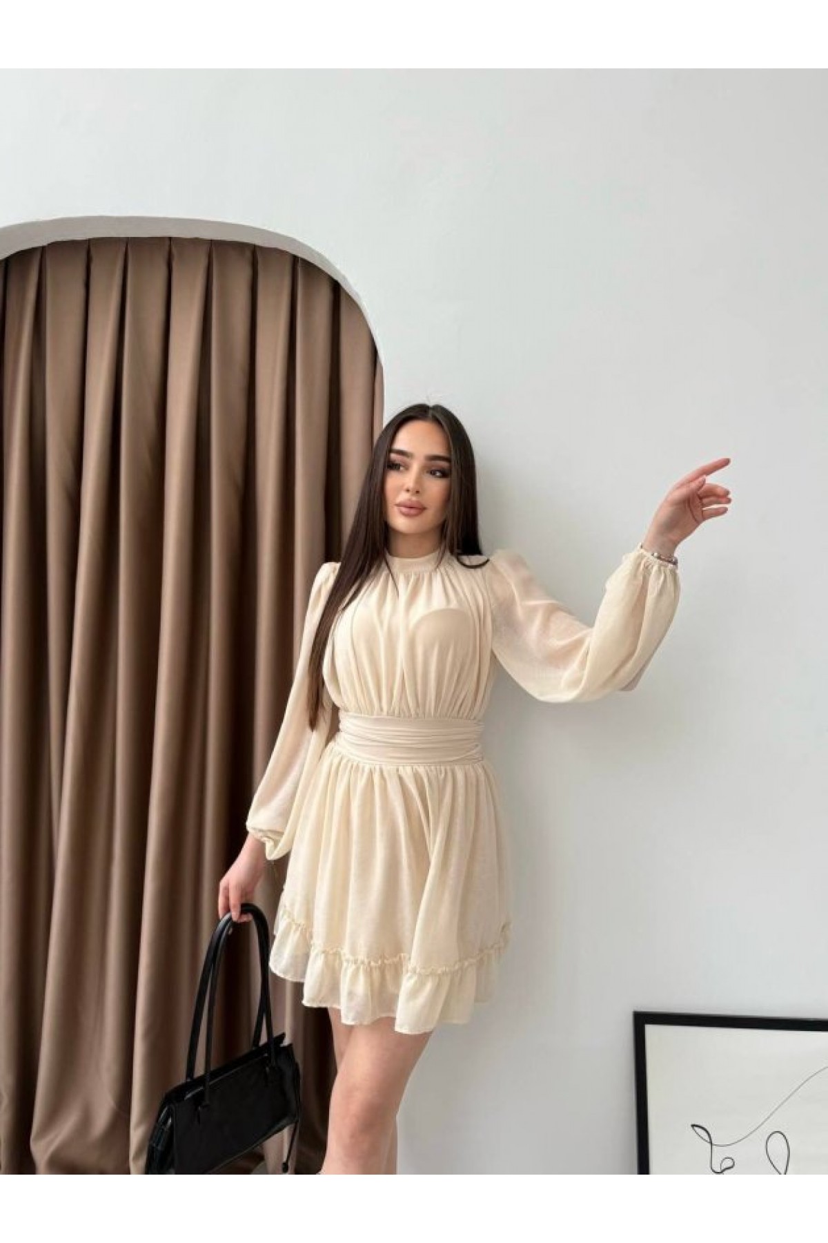 Women's Half Turtleneck Dress with Transparent Sleeves and Lining, Full Chiffon.