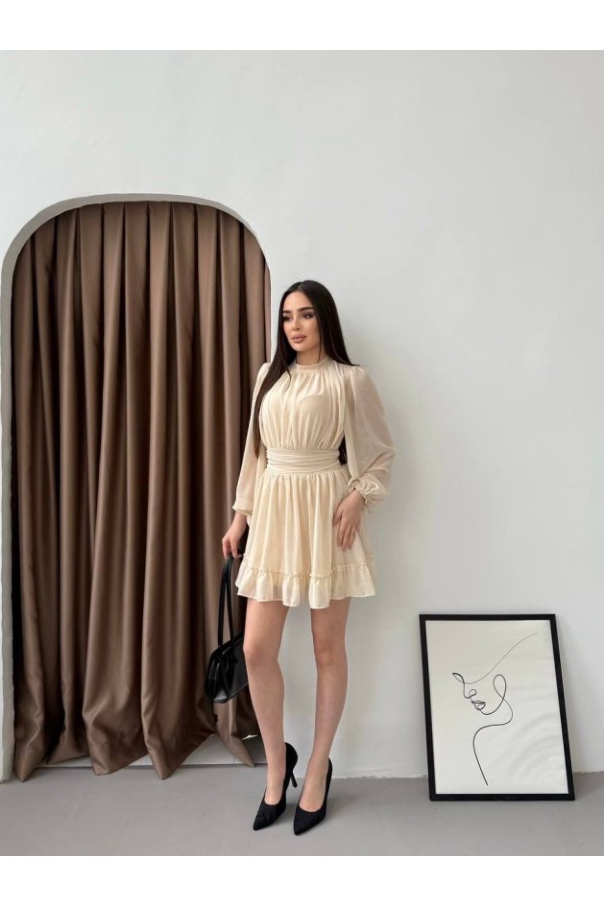 Women's Half Turtleneck Dress with Transparent Sleeves and Lining, Full Chiffon.