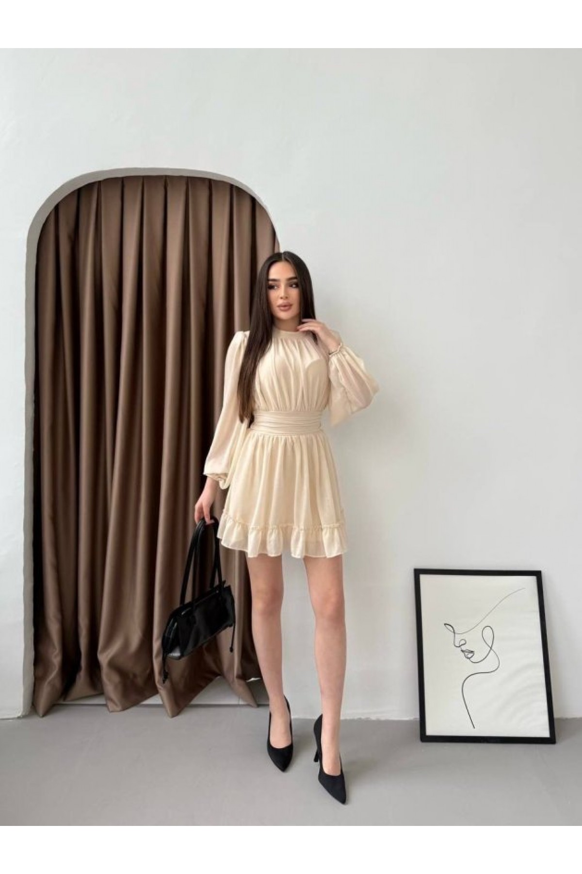 Women's Half Turtleneck Dress with Transparent Sleeves and Lining, Full Chiffon.
