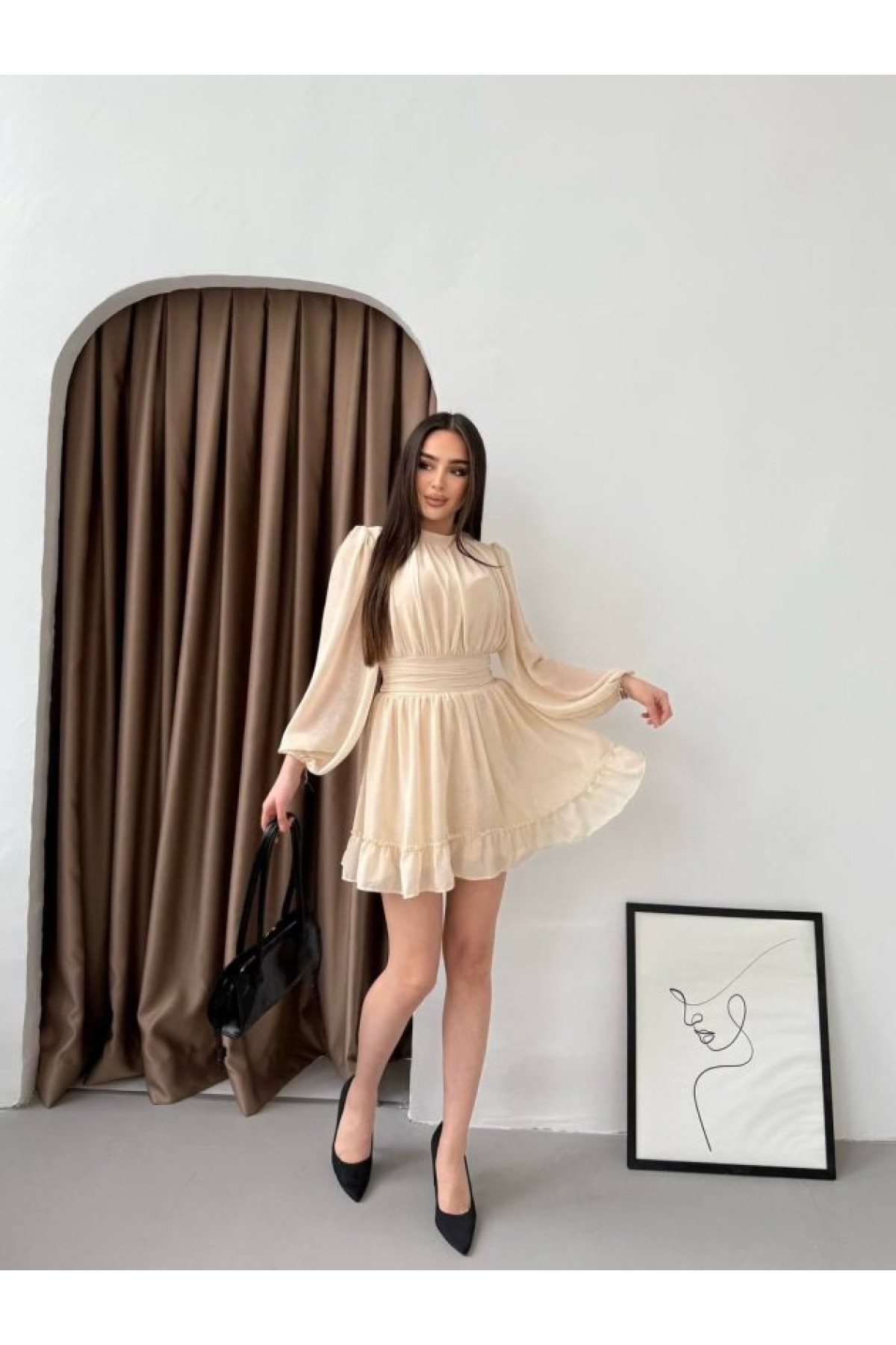 Women's Half Turtleneck Dress with Transparent Sleeves and Lining, Full Chiffon.