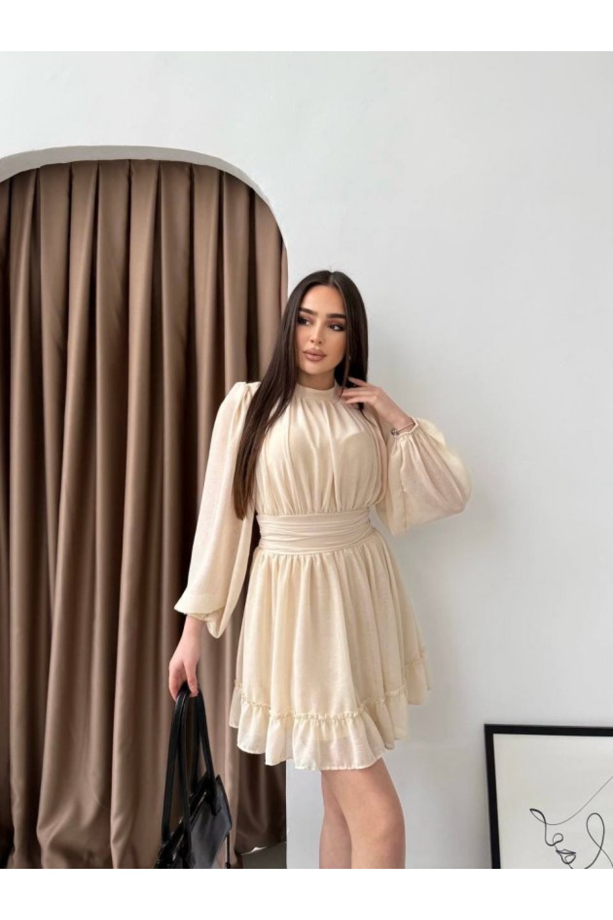Women's Half Turtleneck Dress with Transparent Sleeves and Lining, Full Chiffon. detay görseli