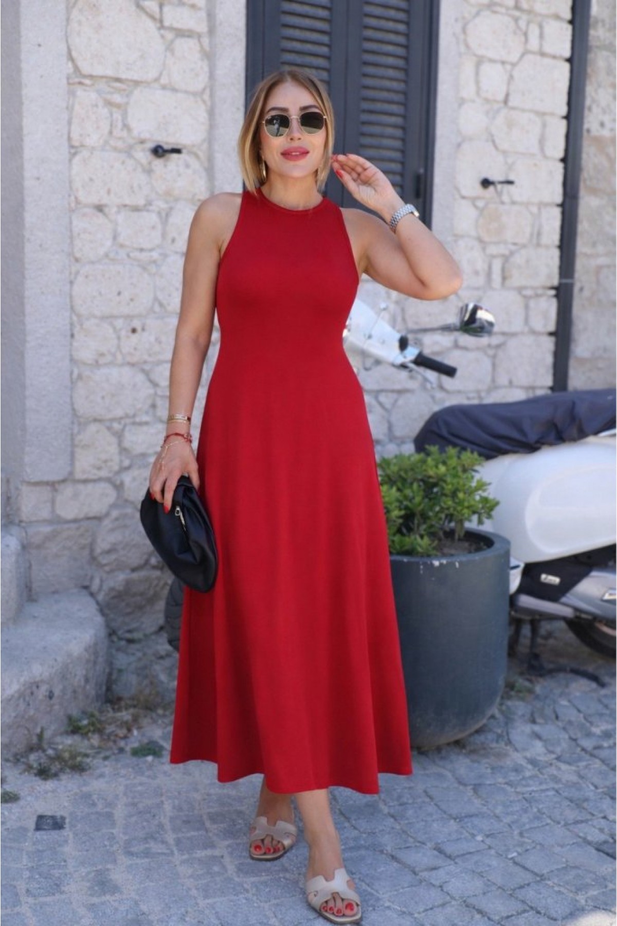 Women's Off-Shoulder Long Viscose Dress with Buckle Detail and Slit at the Back
