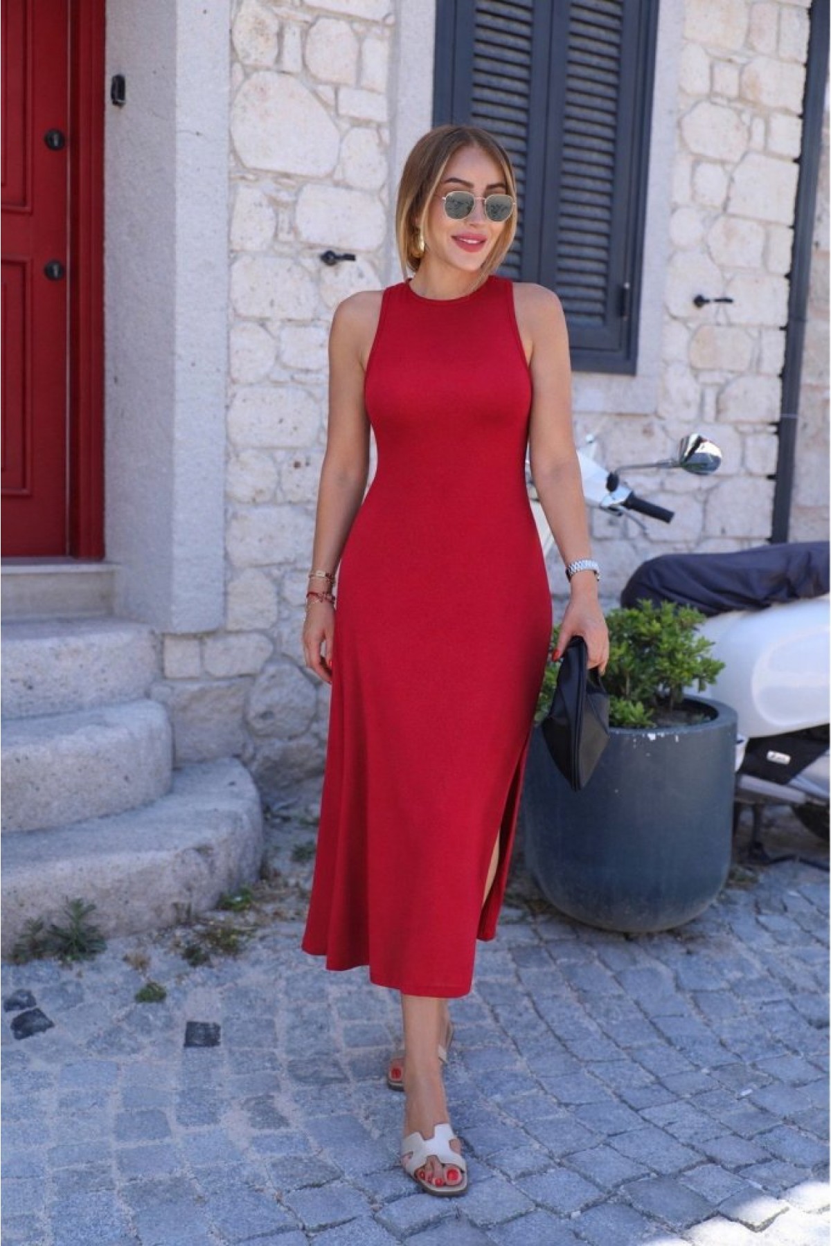 Women's Off-Shoulder Long Viscose Dress with Buckle Detail and Slit at the Back