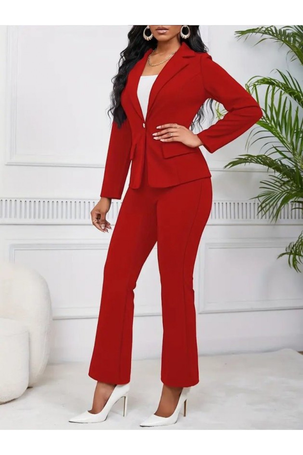 Women's Long-Sleeved Collared Single Button Detail Lined Imported Crepe Jacket and Trousers Two-Piece Set
