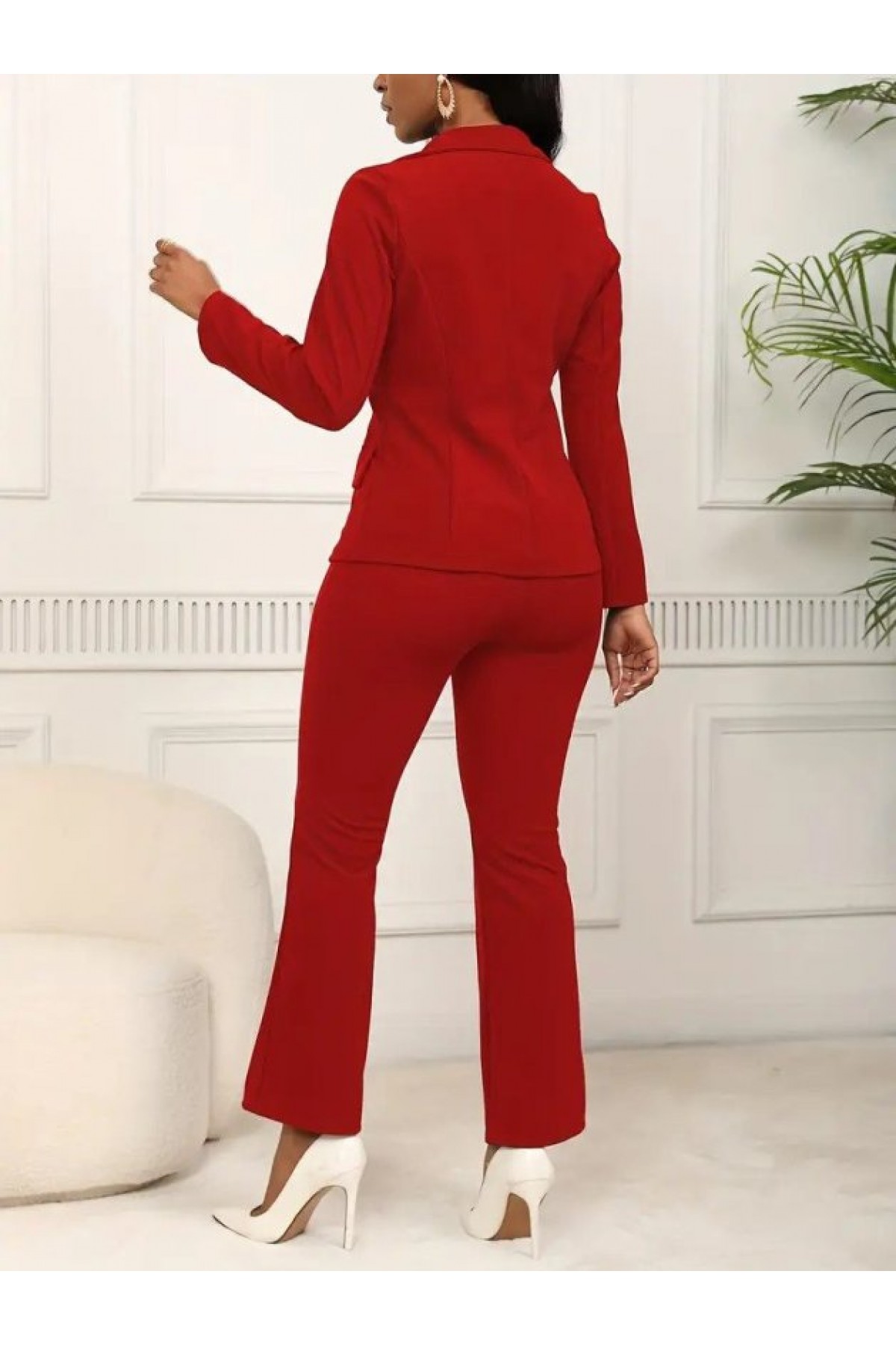 Women's Long-Sleeved Collared Single Button Detail Lined Imported Crepe Jacket and Trousers Two-Piece Set