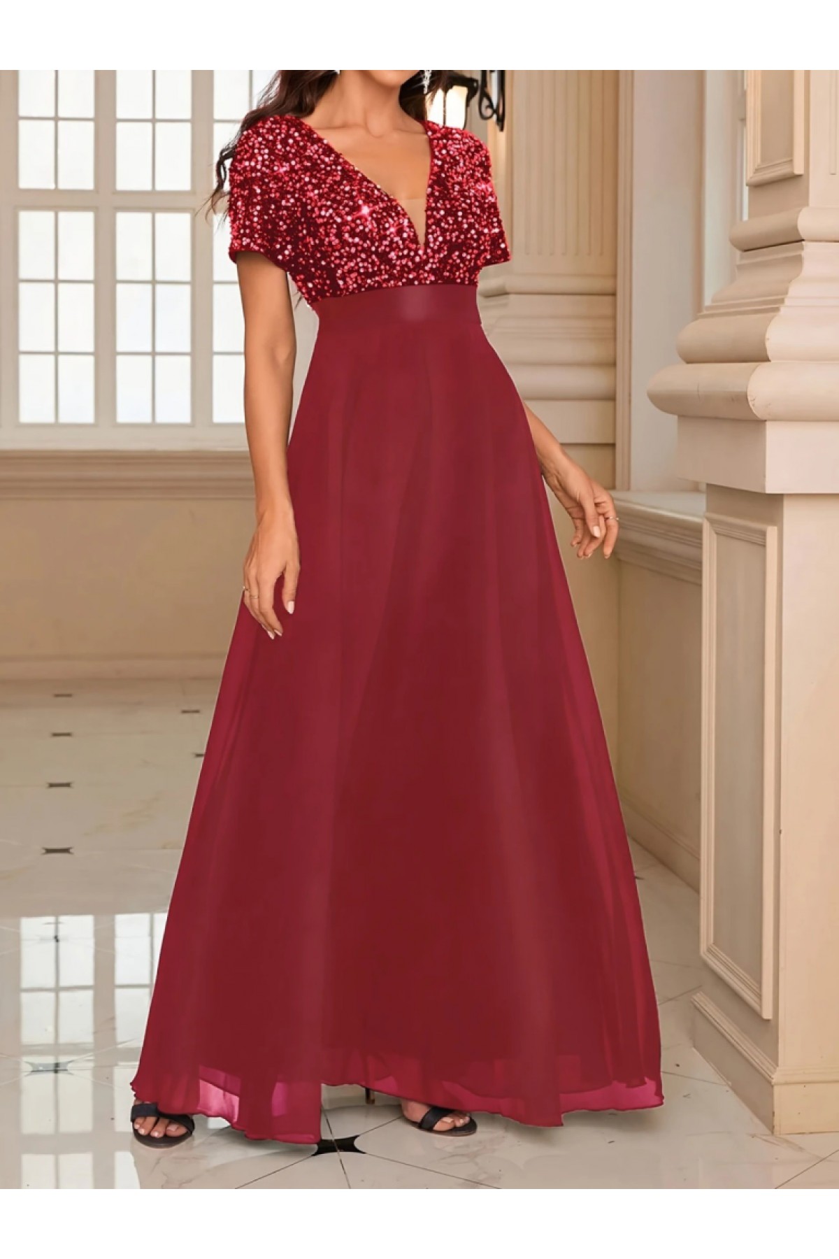 Women's Short-Sleeved Deep V-Neck A-Line Chiffon Bridesmaid Dress with Sequin Details