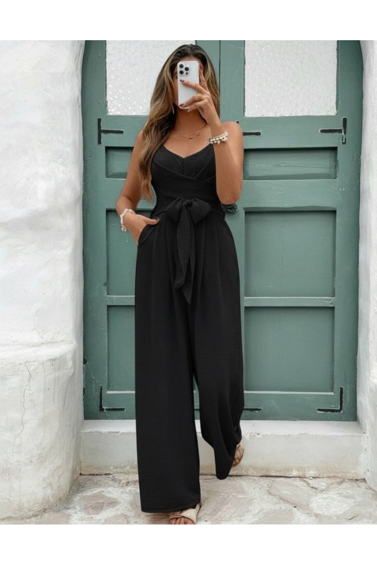Women's Strappy V-Neck Belted Long Aerobic Jumpsuit