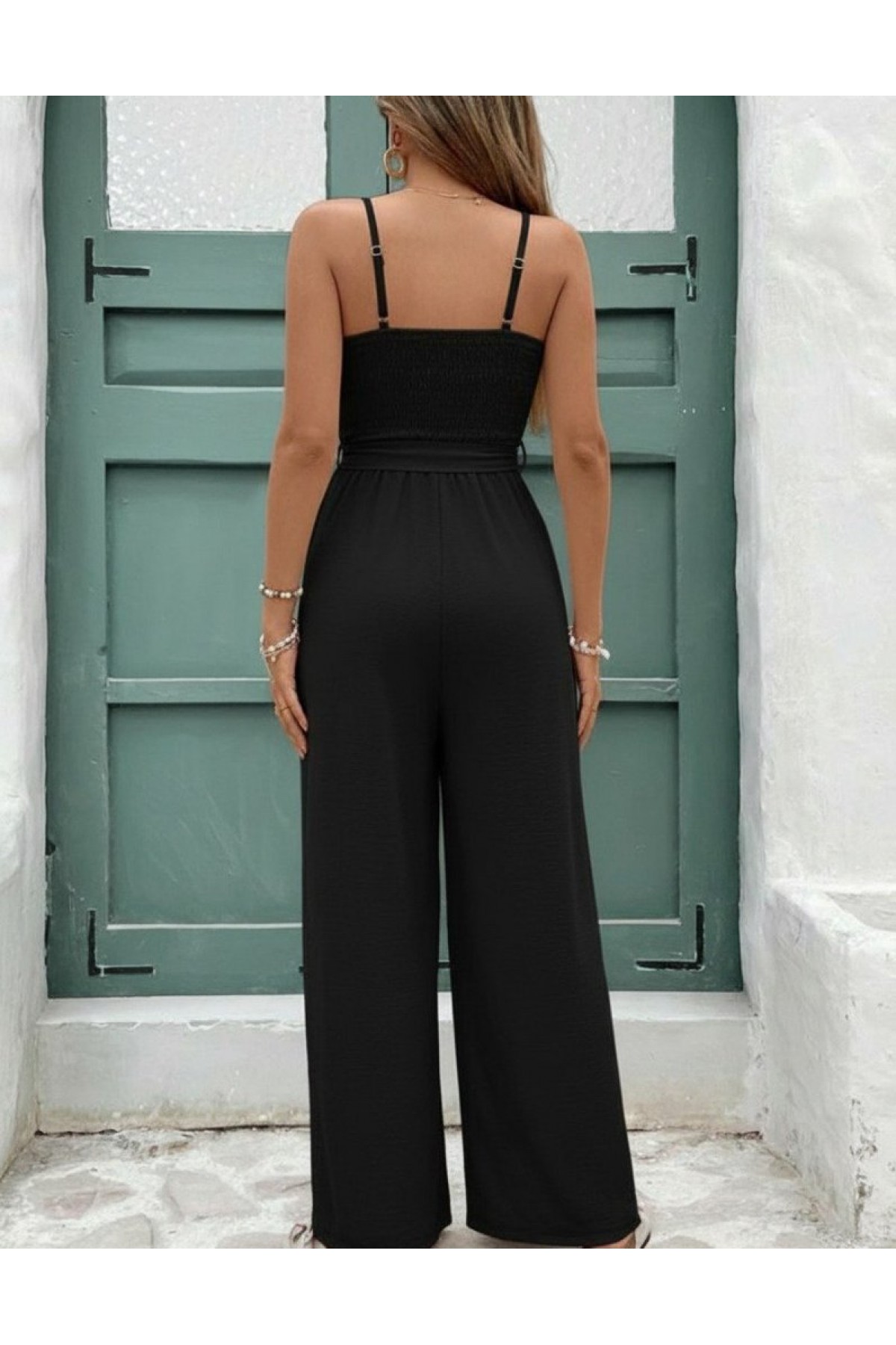 Women's Strappy V-Neck Belted Long Aerobic Jumpsuit