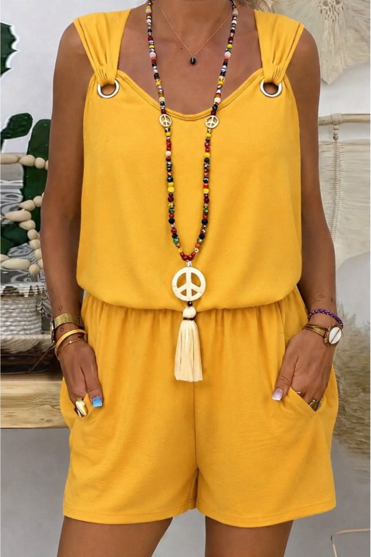 Women's Sleeveless V-Neck Blouse with Eyelet Detail and Shorts Aerobin Two-Piece Set