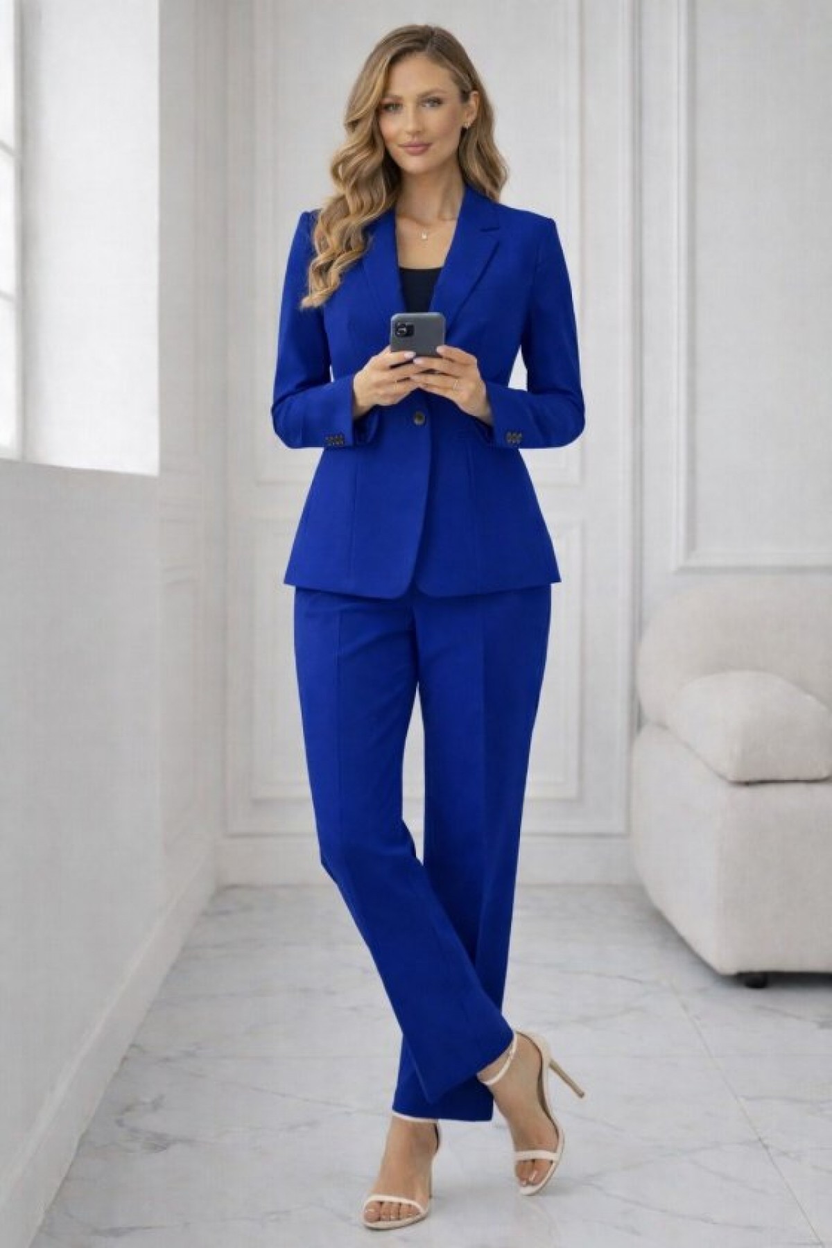 Women's Long-Sleeved Collared Satin Jacket and Trousers Two-Piece Set with Single Button Detail at the Waist.