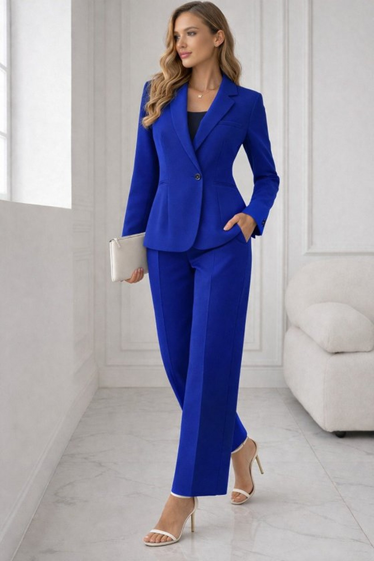 Women's Long-Sleeved Collared Satin Jacket and Trousers Two-Piece Set with Single Button Detail at the Waist. detay görseli