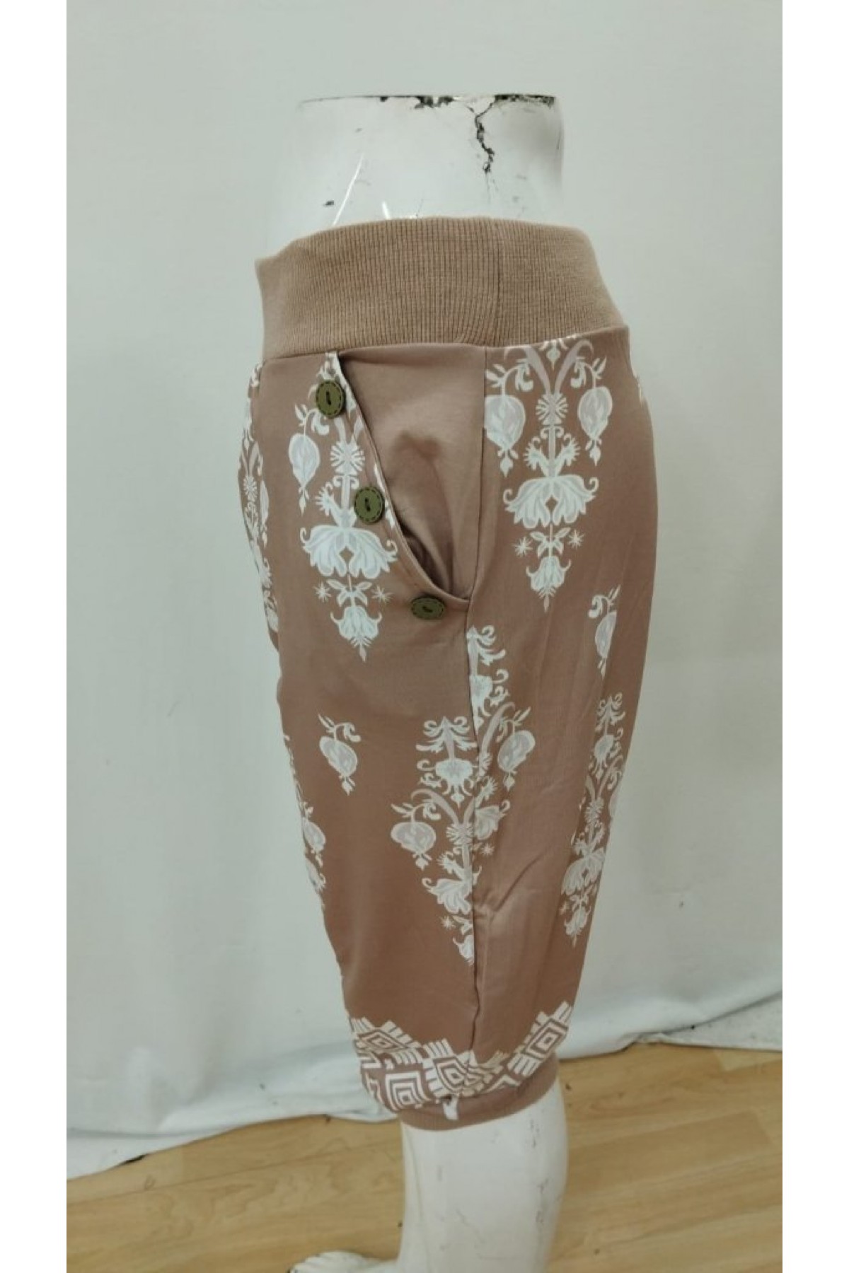 Kadın Beli Lastikli Etnik Desenli Kapri Süprem Pantolon