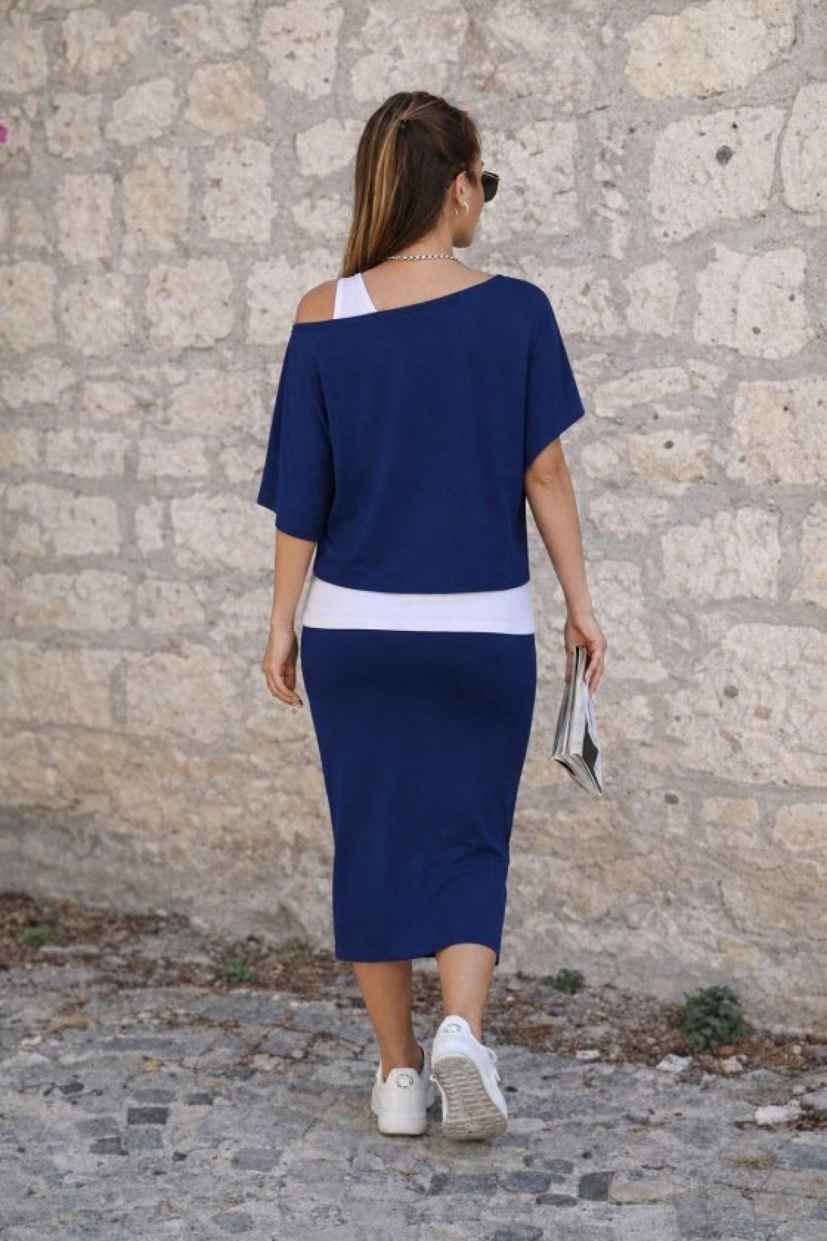 Women's Strappy Round Neck Viscose Blouse and One-Shoulder Open Viscose Two-Thread Blouse and Skirt Three-Piece Set