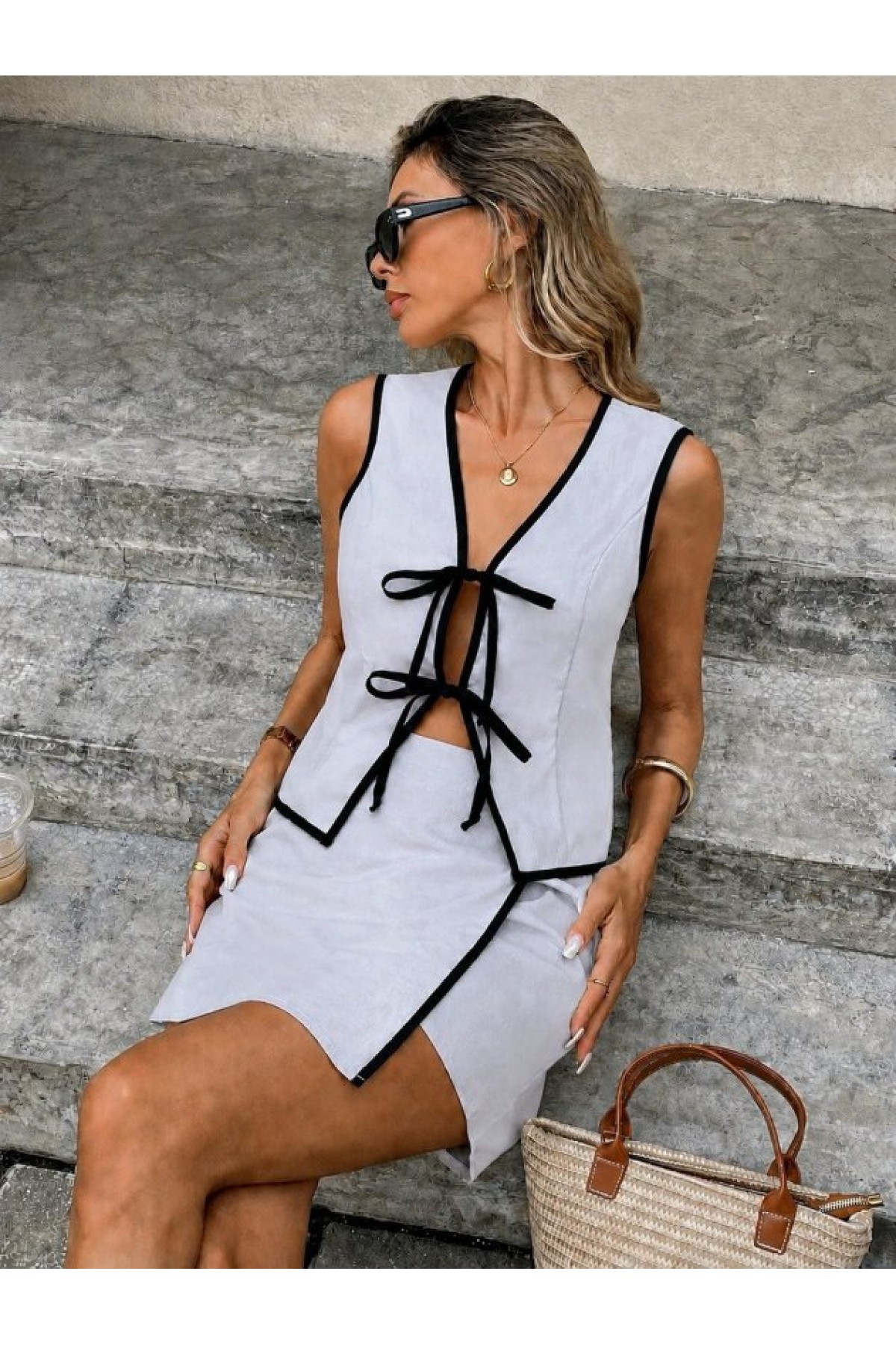 Women's Strappy Blouse and Skirt Set with Front Lace-up