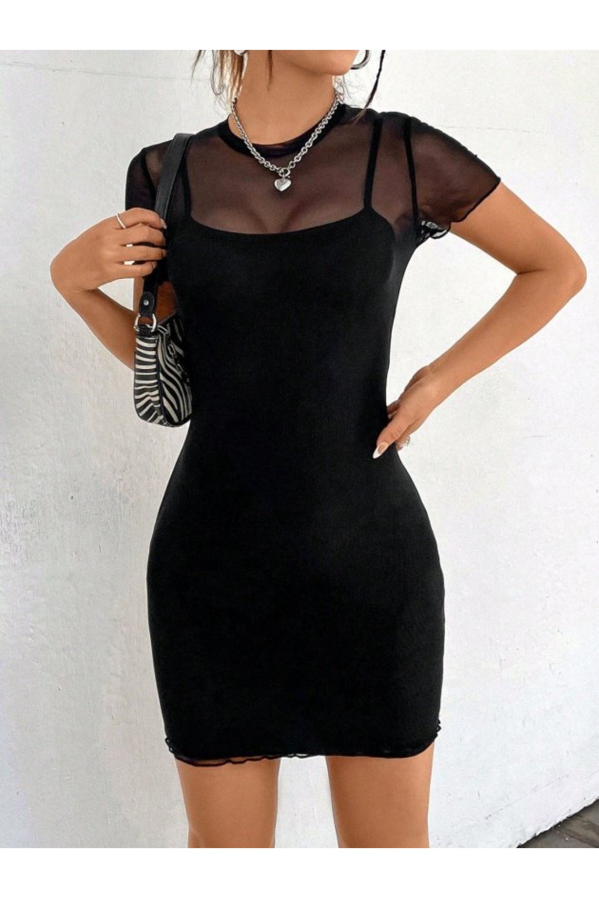 Women's Strappy Short Scuba Dress and Short-Sleeved Tulle Dress Two-Piece Set