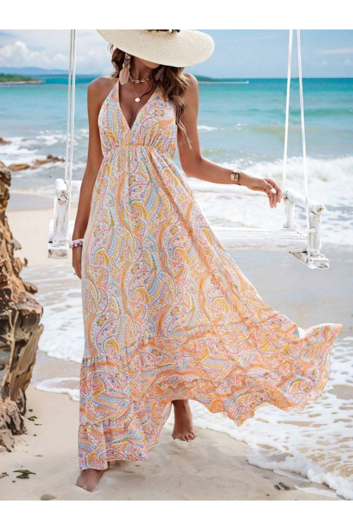 Women's Strappy V-Neck Backless Halter Neck Long Patterned Supreme Dress