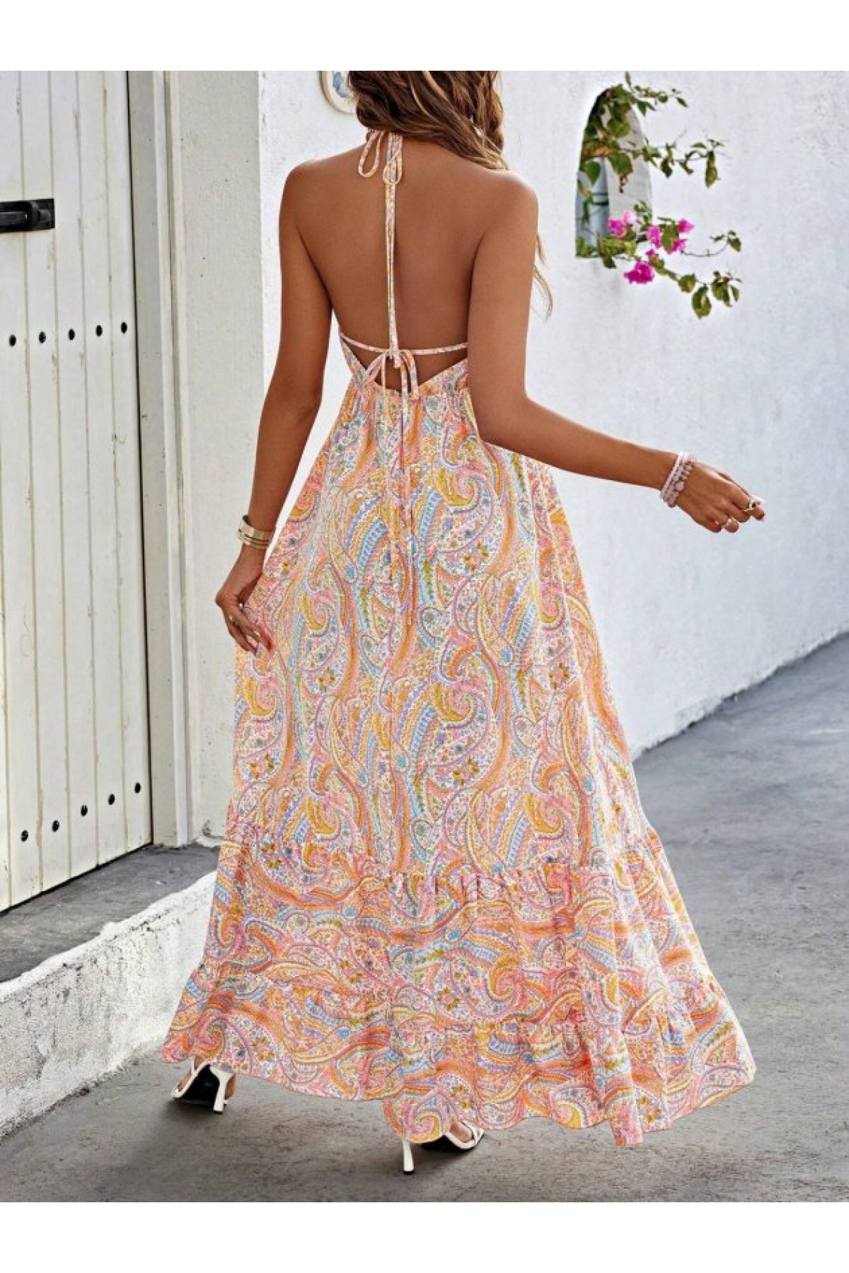 Women's Strappy V-Neck Backless Halter Neck Long Patterned Supreme Dress