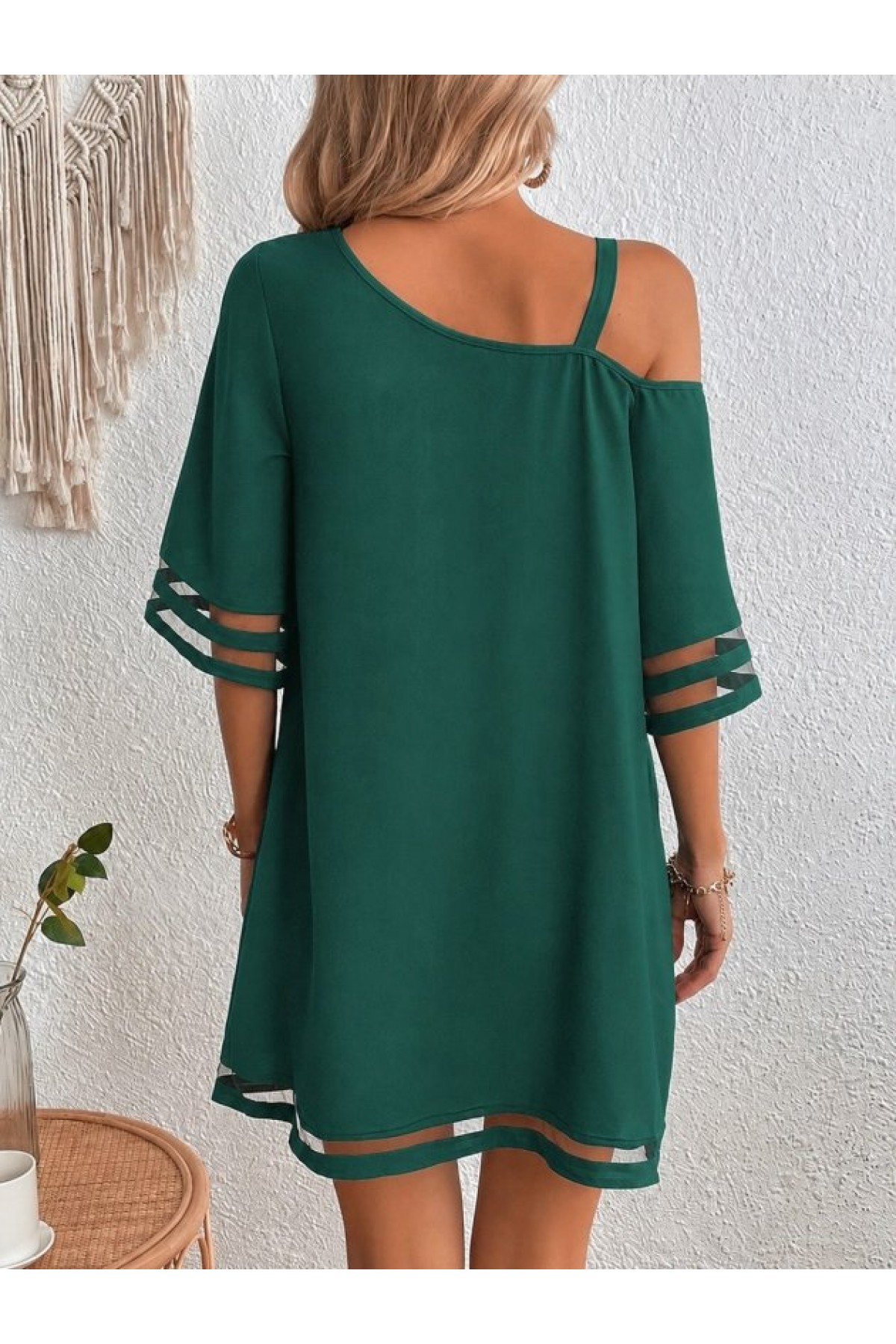 Women's One-Shoulder Short Crepe Dress with Tulle Stripe Detail