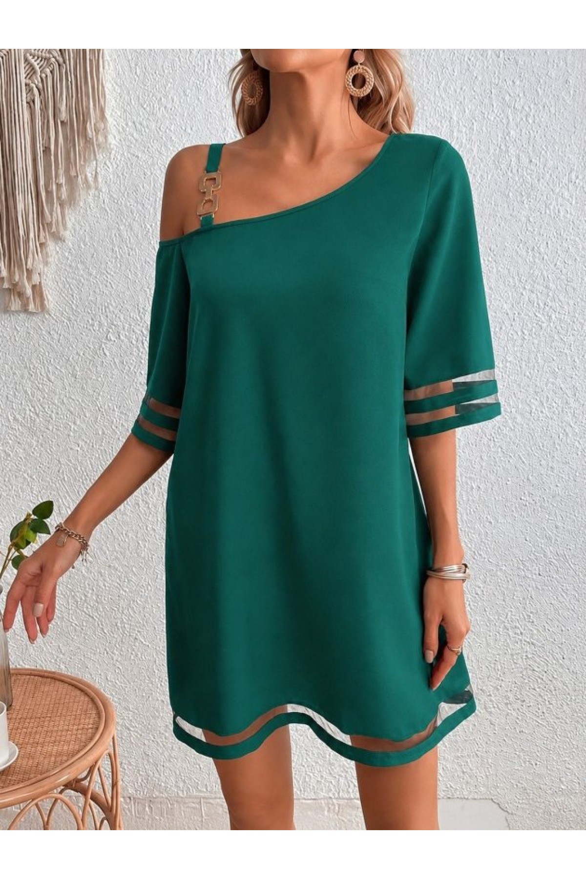 Women's One-Shoulder Short Crepe Dress with Tulle Stripe Detail