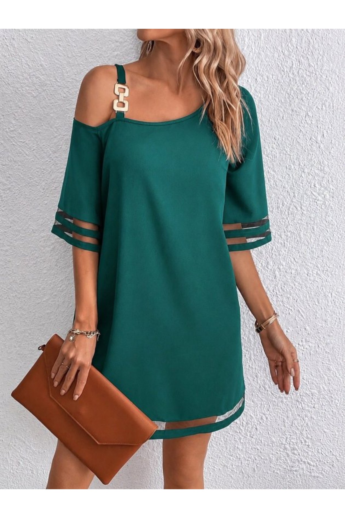 Women's One-Shoulder Short Crepe Dress with Tulle Stripe Detail