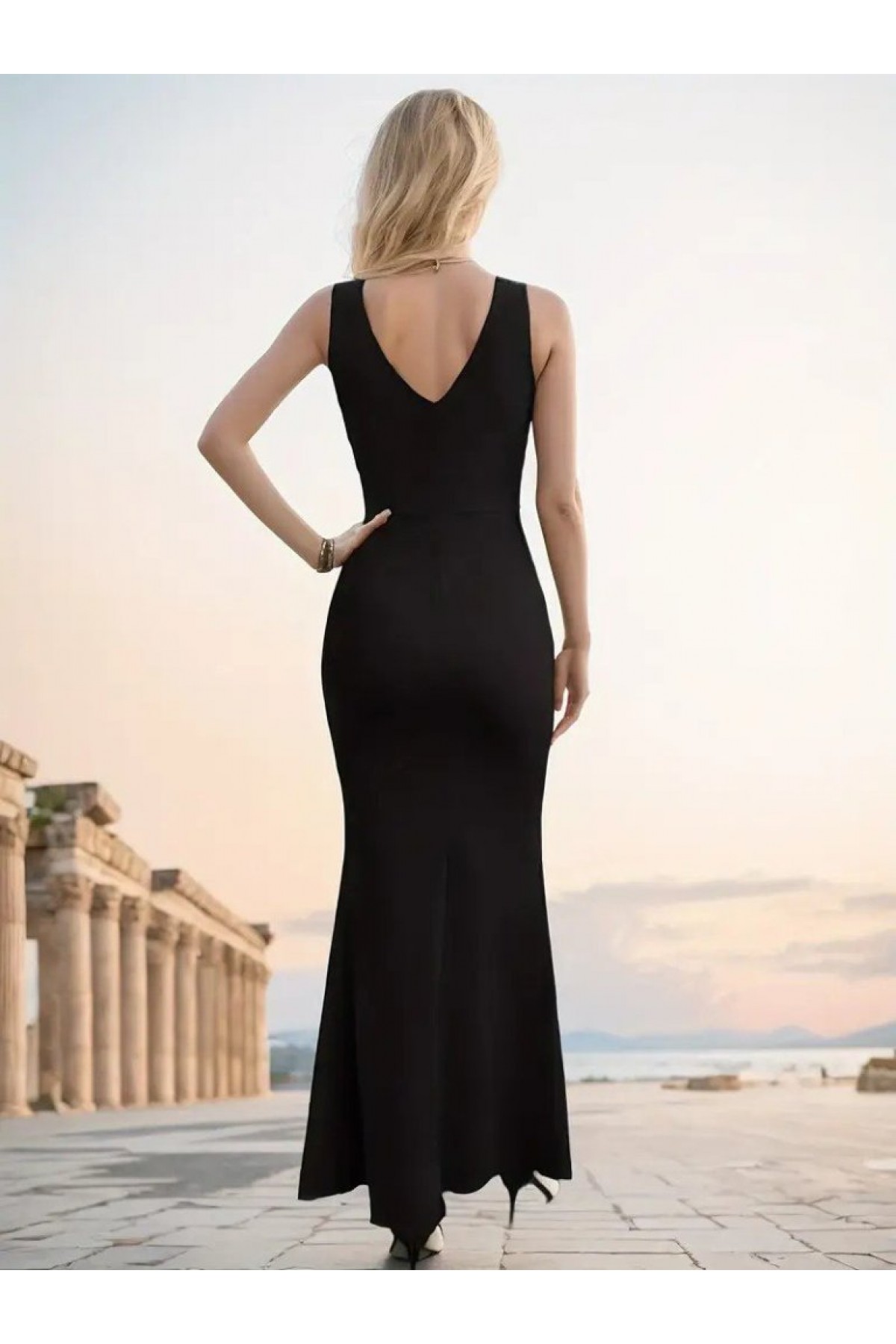 Women's Strappy Wrap Neckline Slit Detail Shimmering Crepe Dress