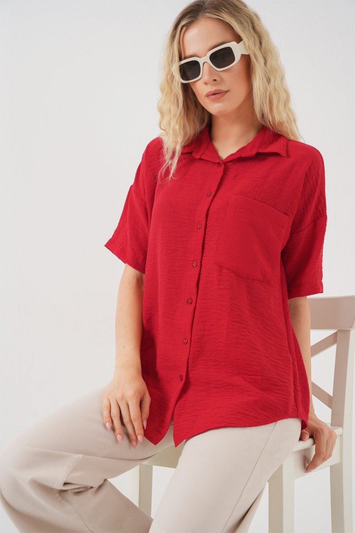 Short Sleeve Linen Look Shirt 20336  detay görseli