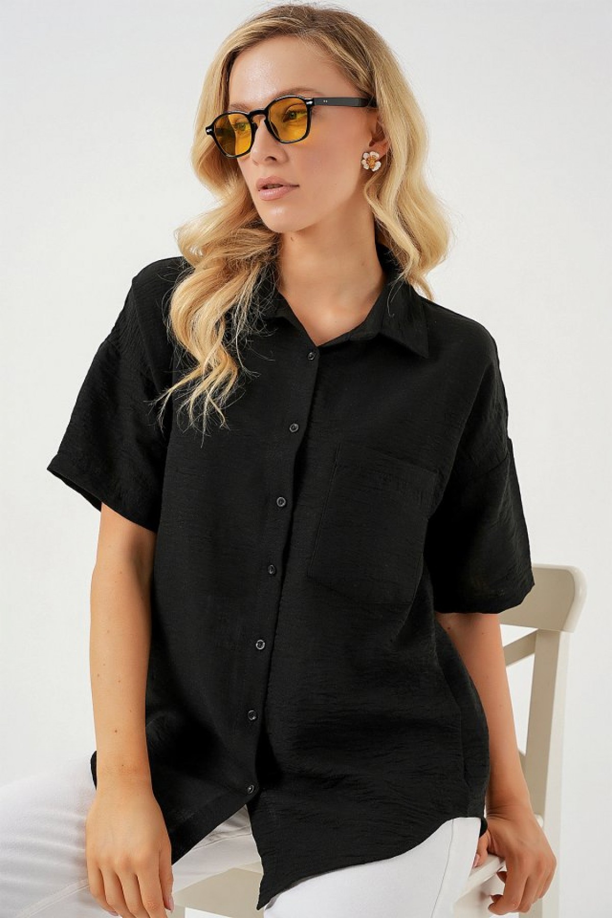 Short Sleeve Linen Look Shirt 20336  detay görseli