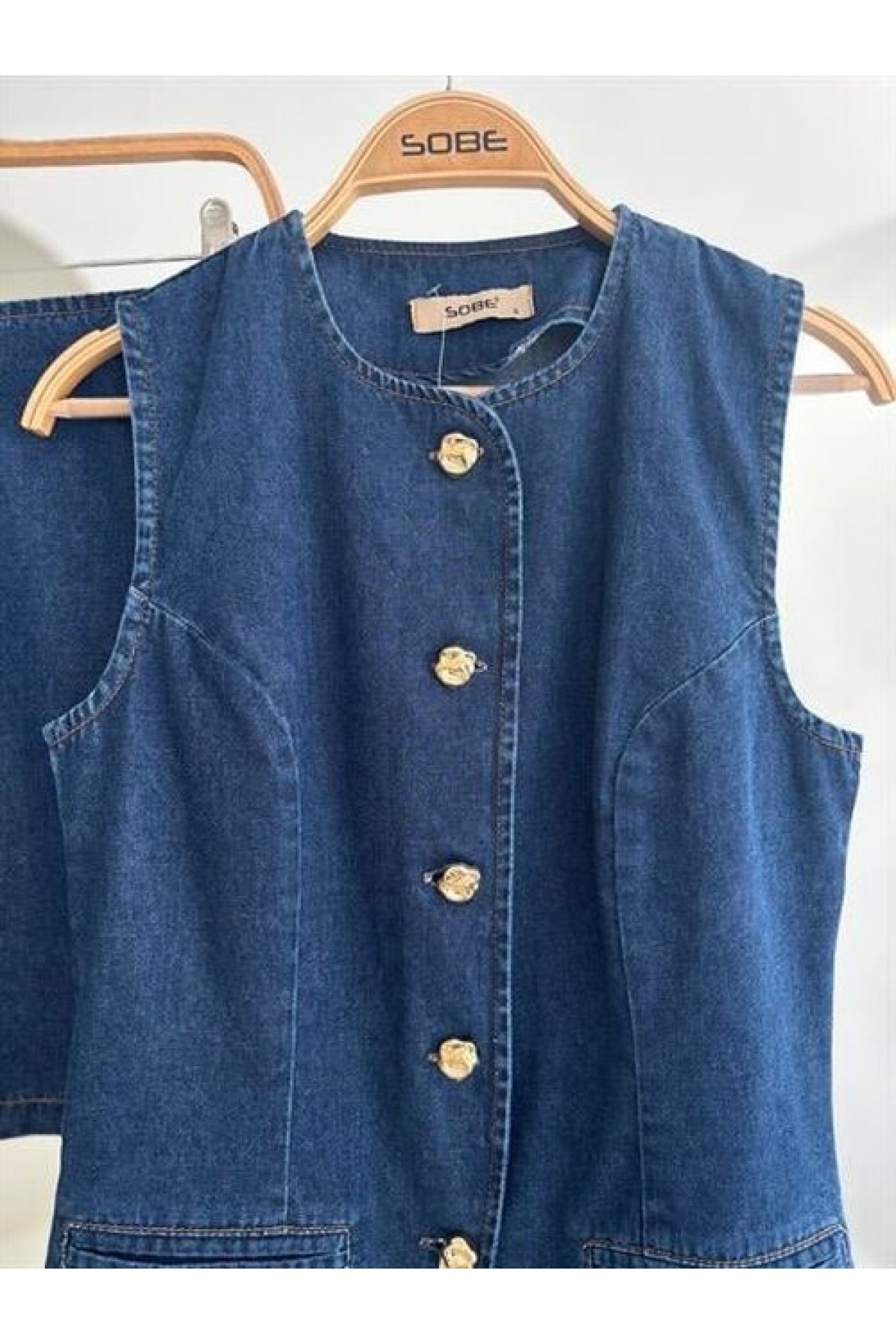 Kolsuz Yelekli Mini Etekli Denim Takım 10164 detay görseli