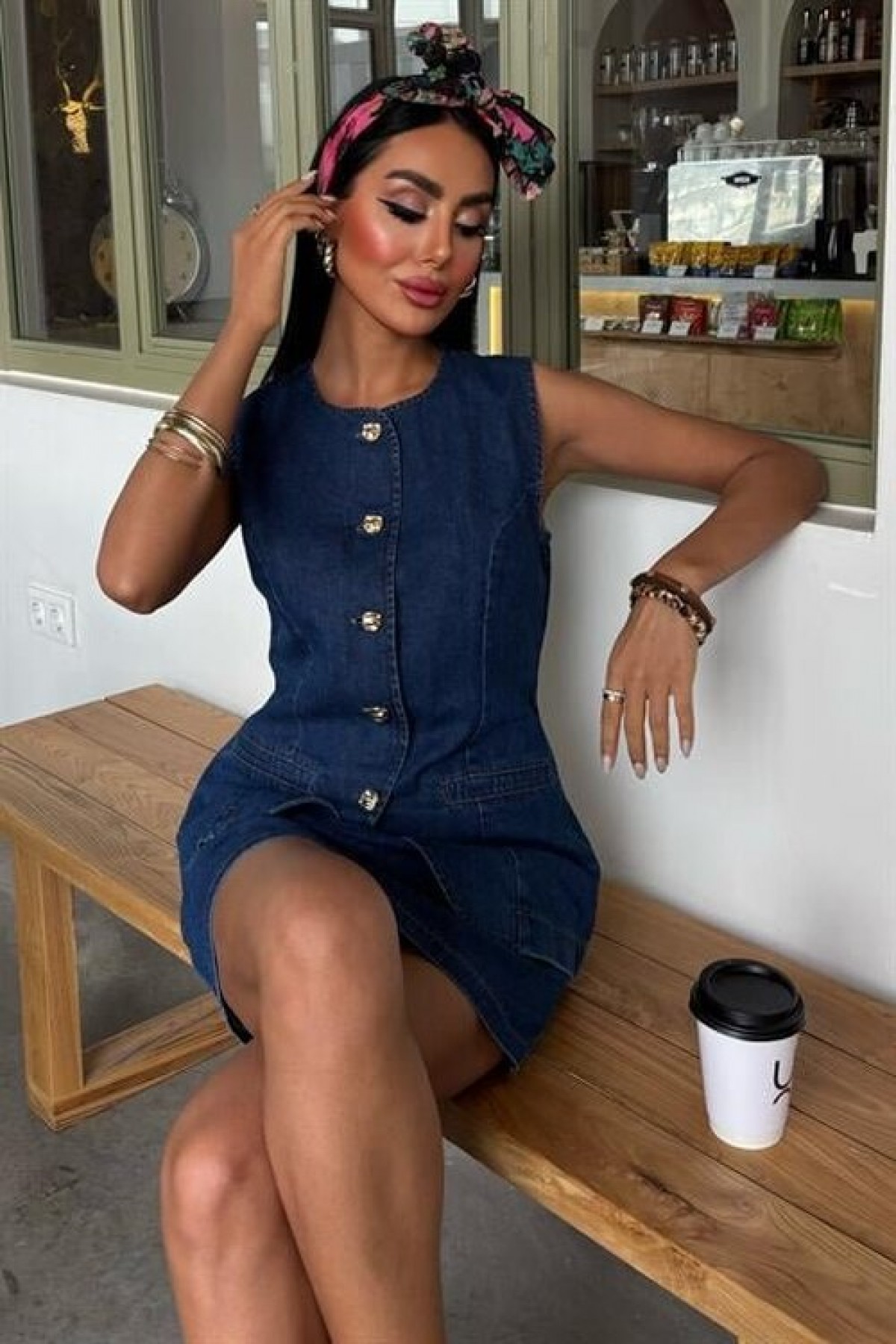 Kolsuz Yelekli Mini Etekli Denim Takım 10164